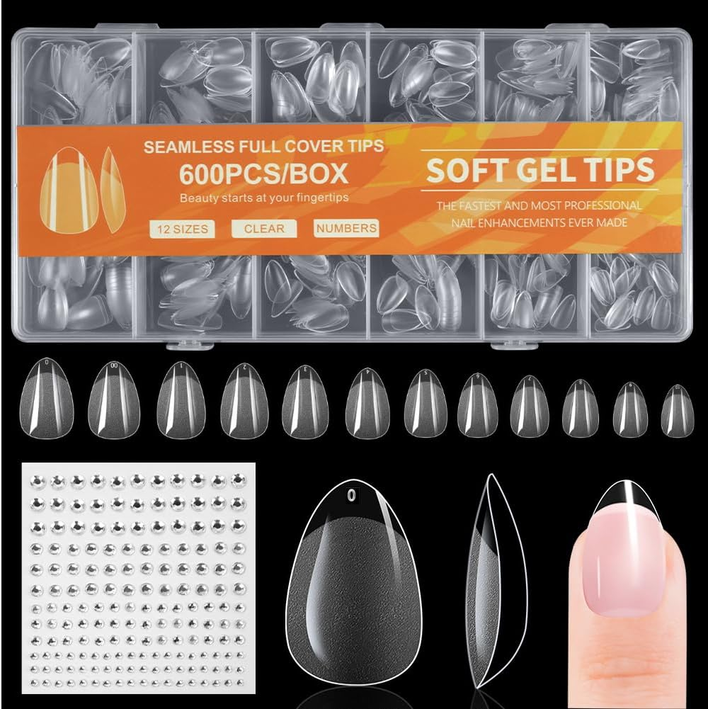 BUTBU 600 Pieces Square False Nails, 12 Sizes Transparent Nail Tips, Short Nail Tips, Gel Nail Tips Full Coverage for Salons Nails, DIY Manicure
