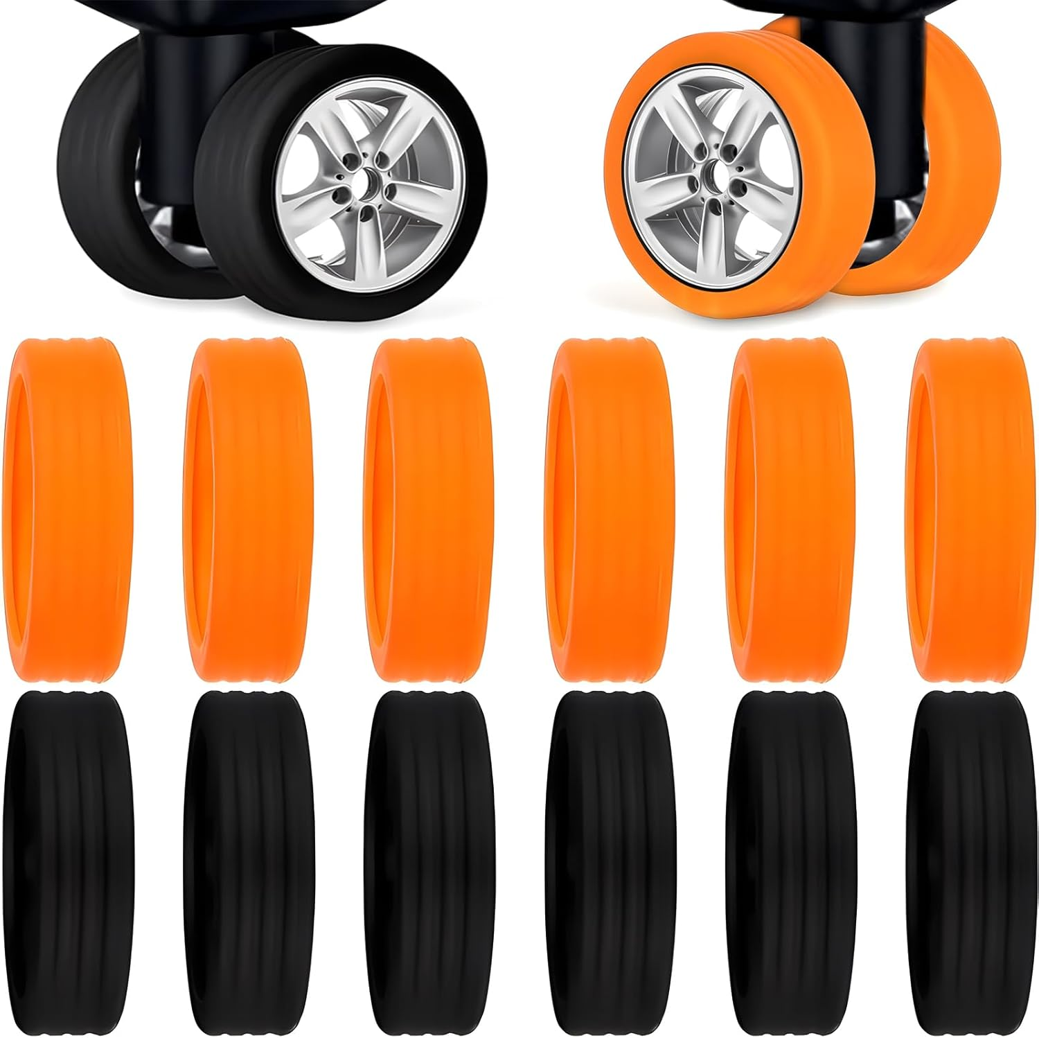 16Pcs Luggage Wheel Covers,Silicone Luggage Wheel Protector Covers for Most Spinner Suitcases or Office Chair Caster,Durable,Mute and Shock Absorption, Black+Orange image number 2