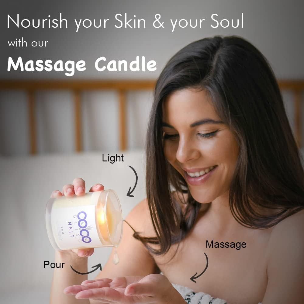 Coco Bliss Melt - Massage Candle Natural Coconut Moisturizing Body Oil Candles for Women, Men & Romantic Couples | Body Essential Oil Candle Vanilla Scent, Vitamin E Almond Oil, Cocoa Butter - 8Oz image number 6
