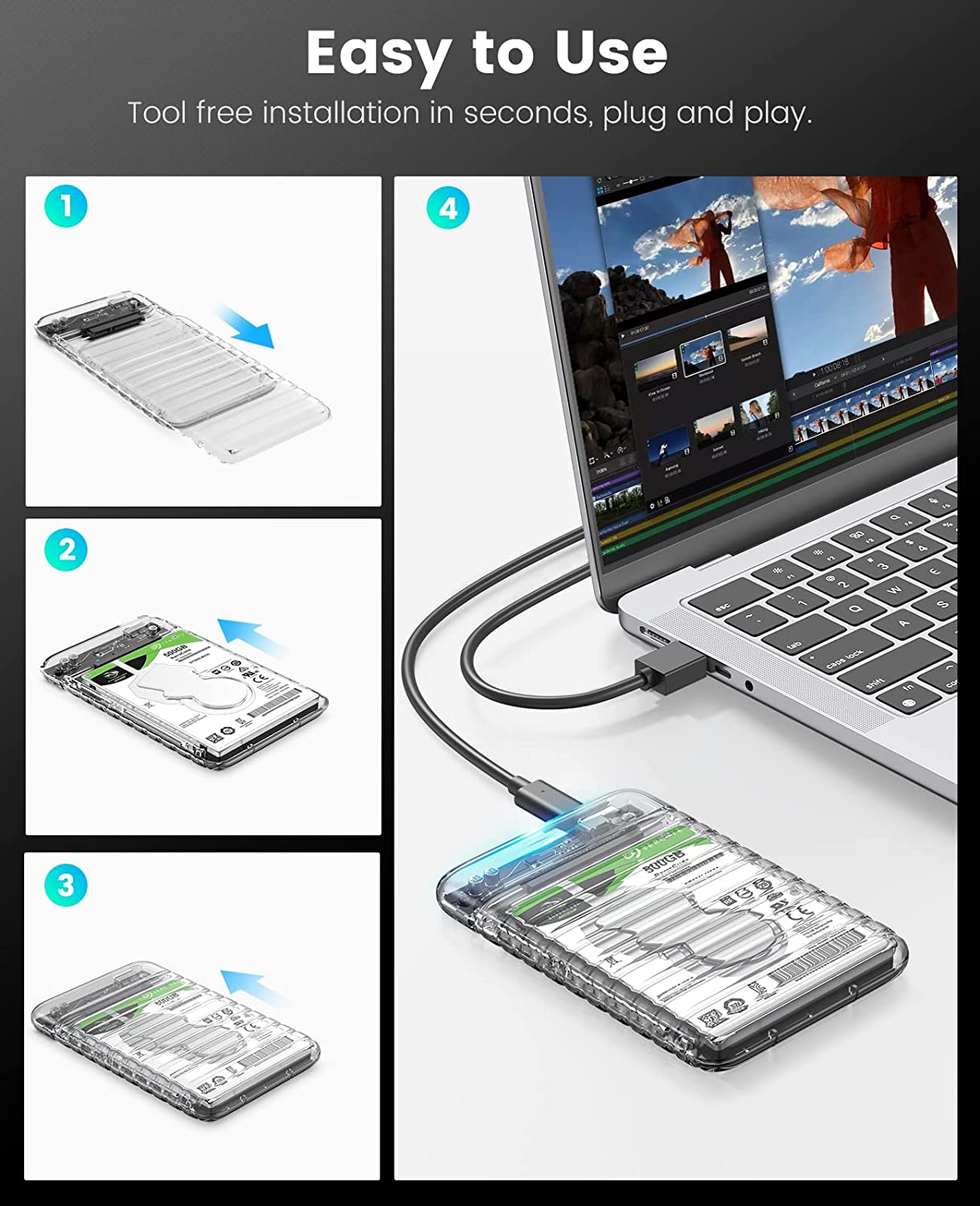 ORICO 2.5 Inch Hard Drive Enclosure USB C to SATA III 6Gbps Clear External Hard Drive Case for All 7Mm 9.5Mm 2.5 Inch SATA SSD HDD up to 6TB, Tool-Free, Support USB 3.2 Gen 2 UASP (2139C3) image number 6