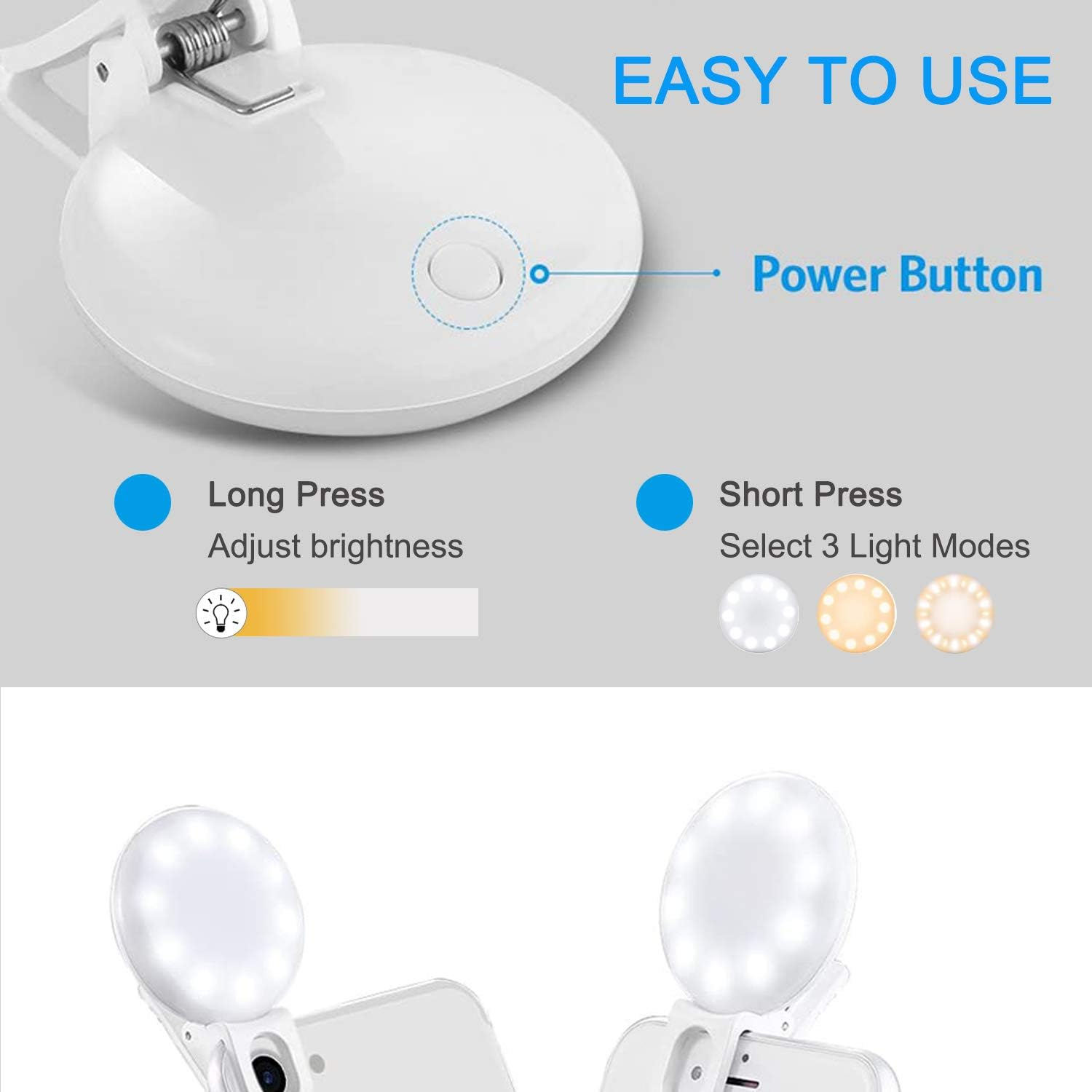 Mini Ring Light, Sansent Small Clip on Ring Light,Portable LED Light for Phone, 3-Level Adjustable Brightness Selfie Light (0.4 Inch) image number 5