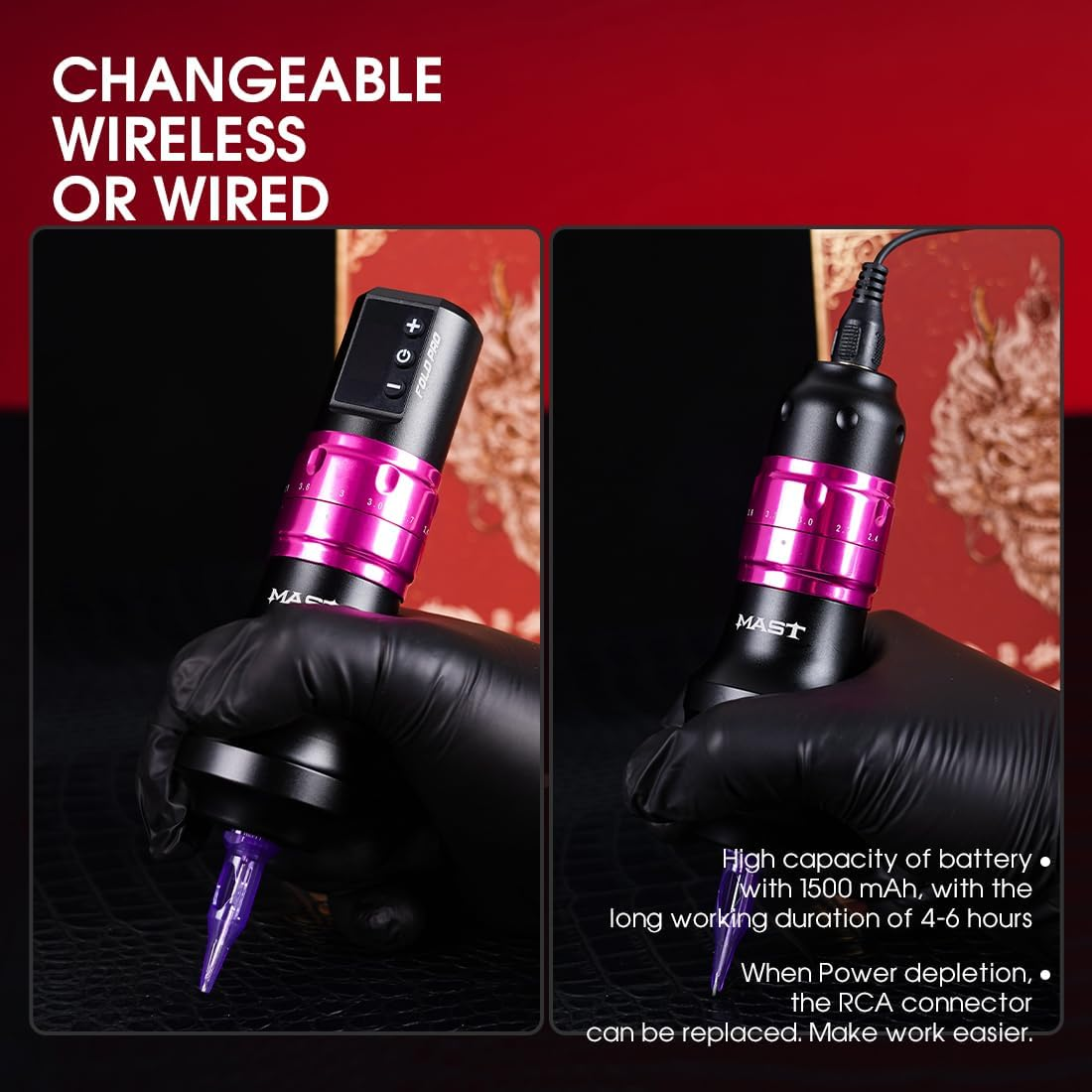 Mast Tattoo Gun Pen Machine, Fold Pro Cordless Year of Dragon Edition Tattoo Machine Gift, Power Motor by Mcore-C3 (Pink) image number 4