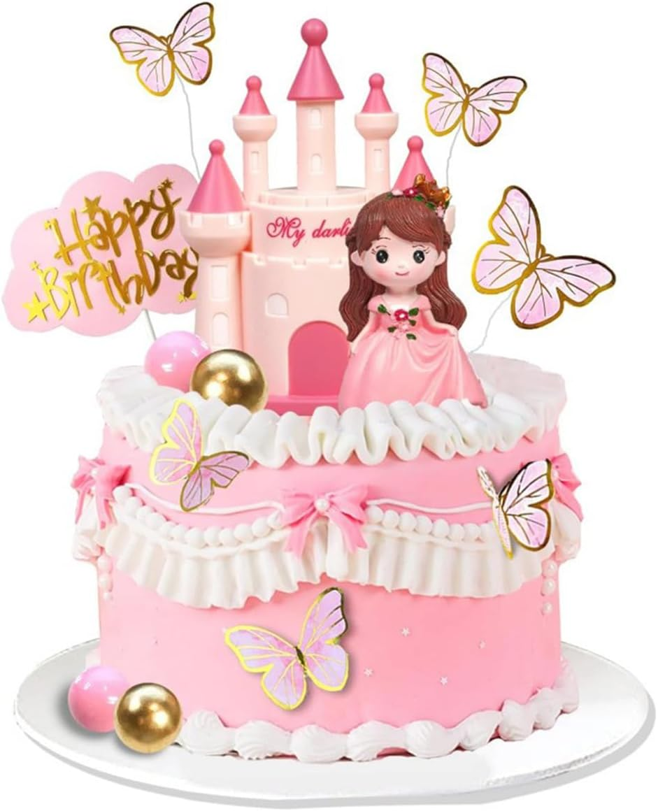 18 PCS Pink Princess Cake Topper Castle Cake Decoration with Butterflies and Balls for Girl Kid Happy Birthday Party Decorations Princess Baby Shower Supplies image number 2