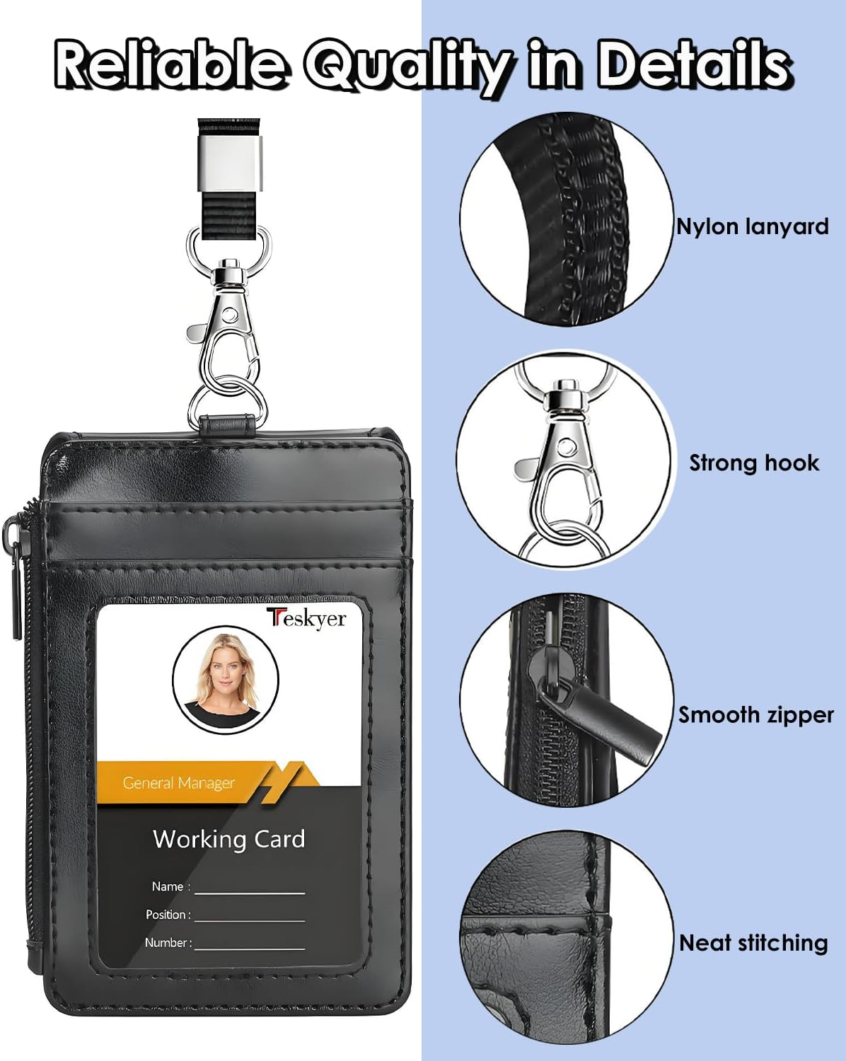 Teskyer Badge Holder with Side Zip Pocket, Multiple Card Slots Leather ID Holder Wallet with Neck Lanyard for Office Staffs, Teachers/Students, Couriers, Workers image number 2