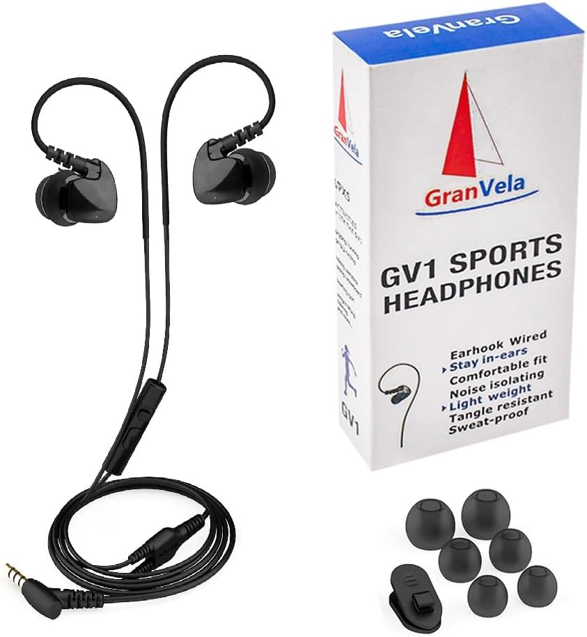 Granvela GV1 Water-Proof Sports Earphones with Mic, Memory Wire Earhook and Clip - Black