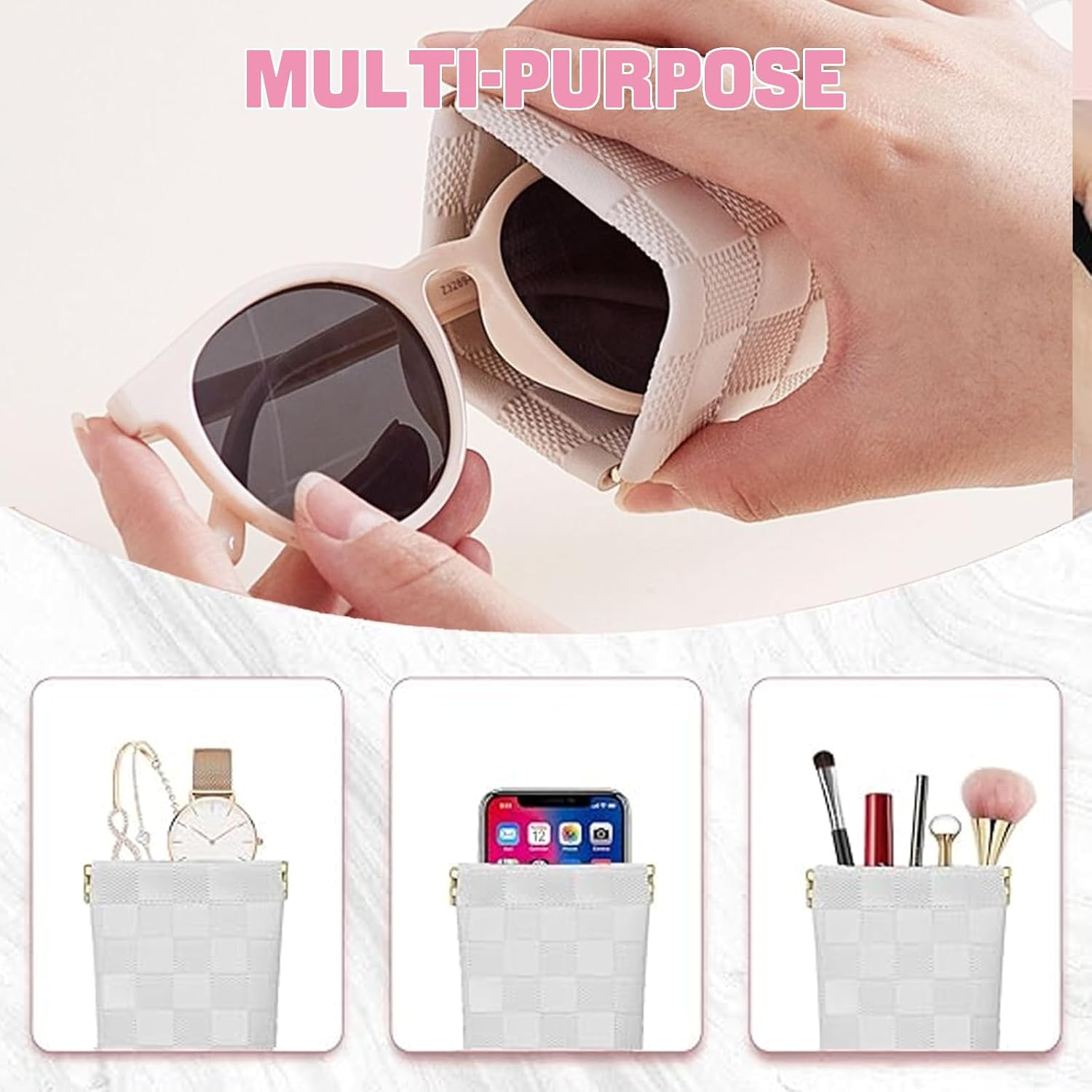 4PCS Mini Makeup Bags for Purse &ndash; Small Leather Cosmetic & Lipstick Pouches Waterproof Travel Organizer for Women (White & Pink)