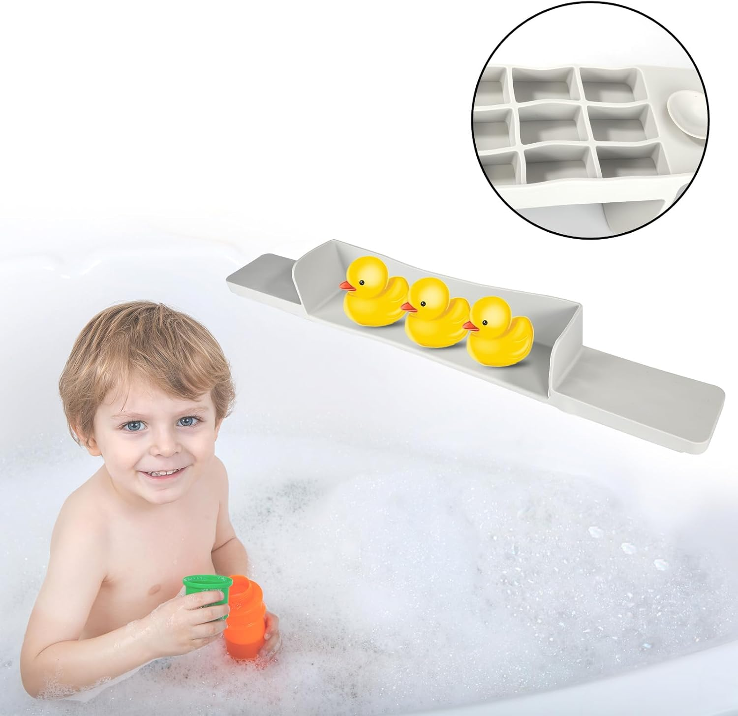 BOXOB Splash Protection Guard for Bathtub, 29.92X3.54X3.35In Silicone Bath Splash Protection Guard with Strong Suction Cup No-Leak Toy Tray Caddy Holder Storage Bathtub Tray(Light Gray) image number 4
