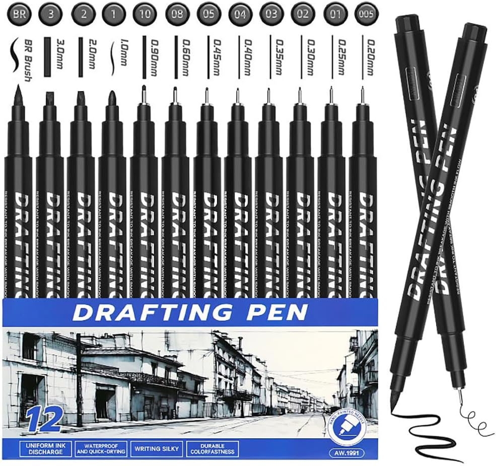 Scondou Set of 12 Fineliner Ink Pens, Micro Pens, Black, Various Nib Sizes, Waterproof Ink, Perfect for Drawing, Sketching, Writing, Journaling image number 2