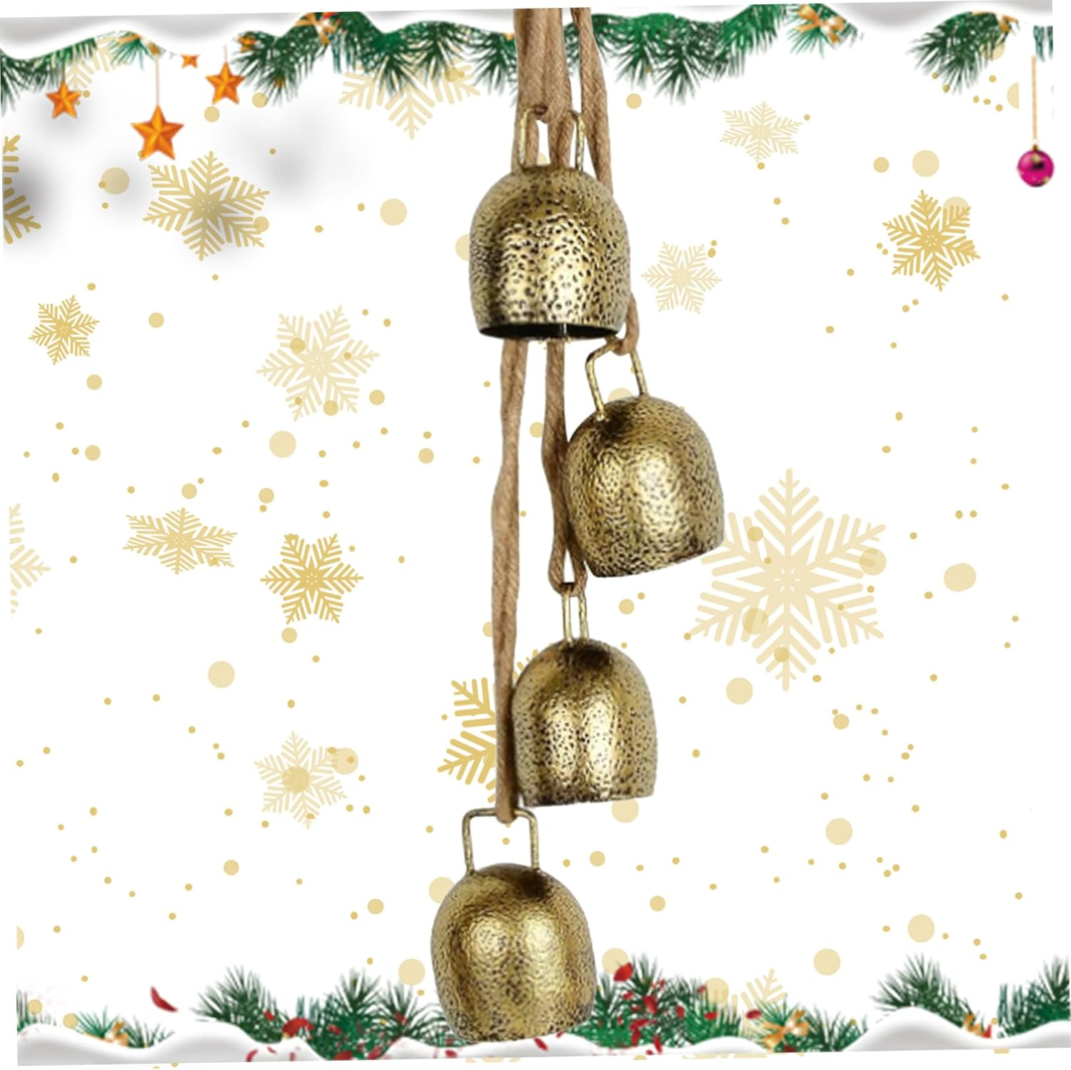 Christmas Bells Gold 42Cm Vintage Xmas Tree Decorations 4 Bells Rustic Hanging Cow Bells with Rope Bell for Door Garden Home Decor Lucky round Witch Bells image number 4