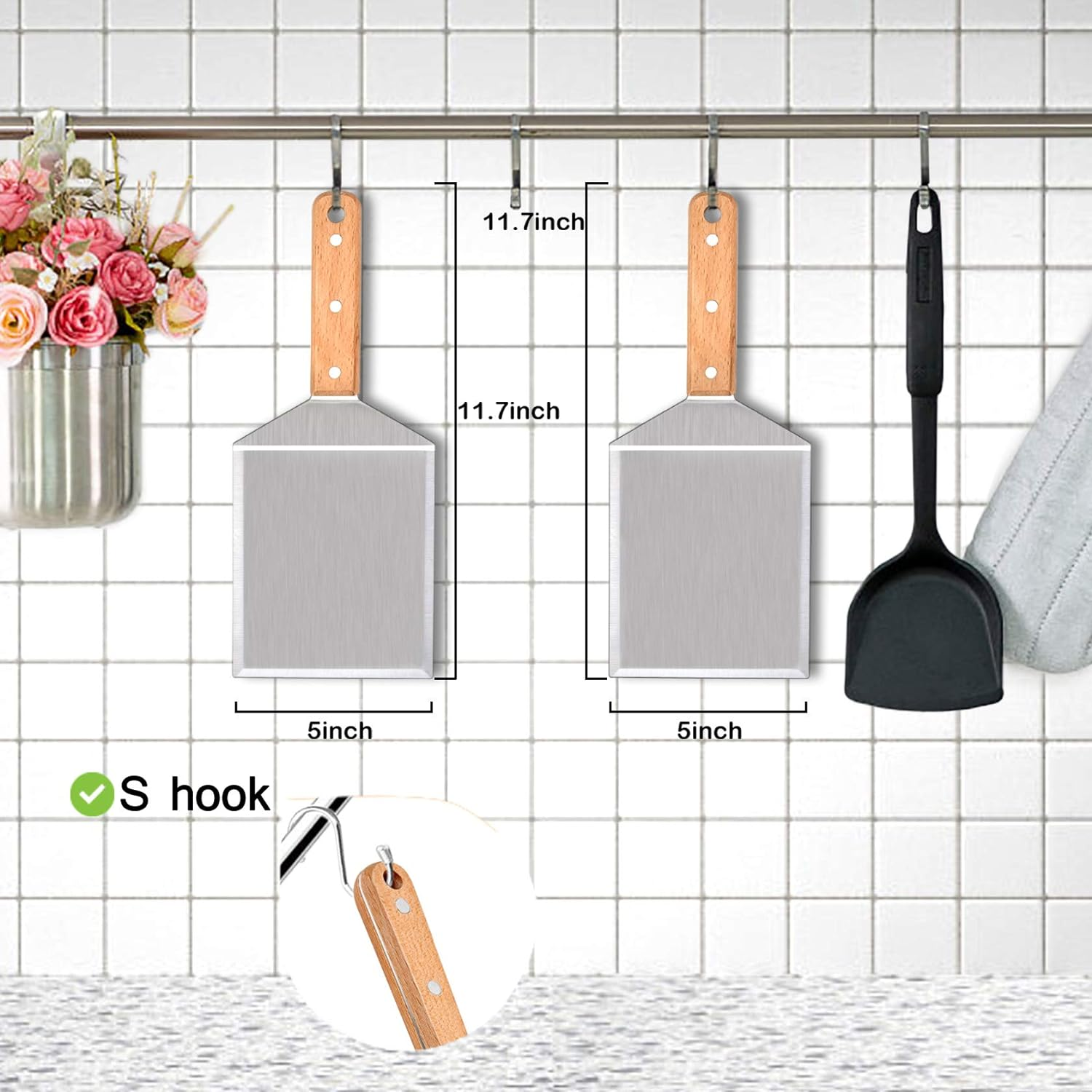 Leonyo Metal Spatula Set of 2, Stainless Steel Griddle Hamburger Spatula, as Barbecue Turner Grilling BBQ Griddle Accessories, Triple Rivets & 2 X S Hook, Heavy Duty & Easy Press, Smash Burgers - Black Triple Rivets Abs Handle image number 6