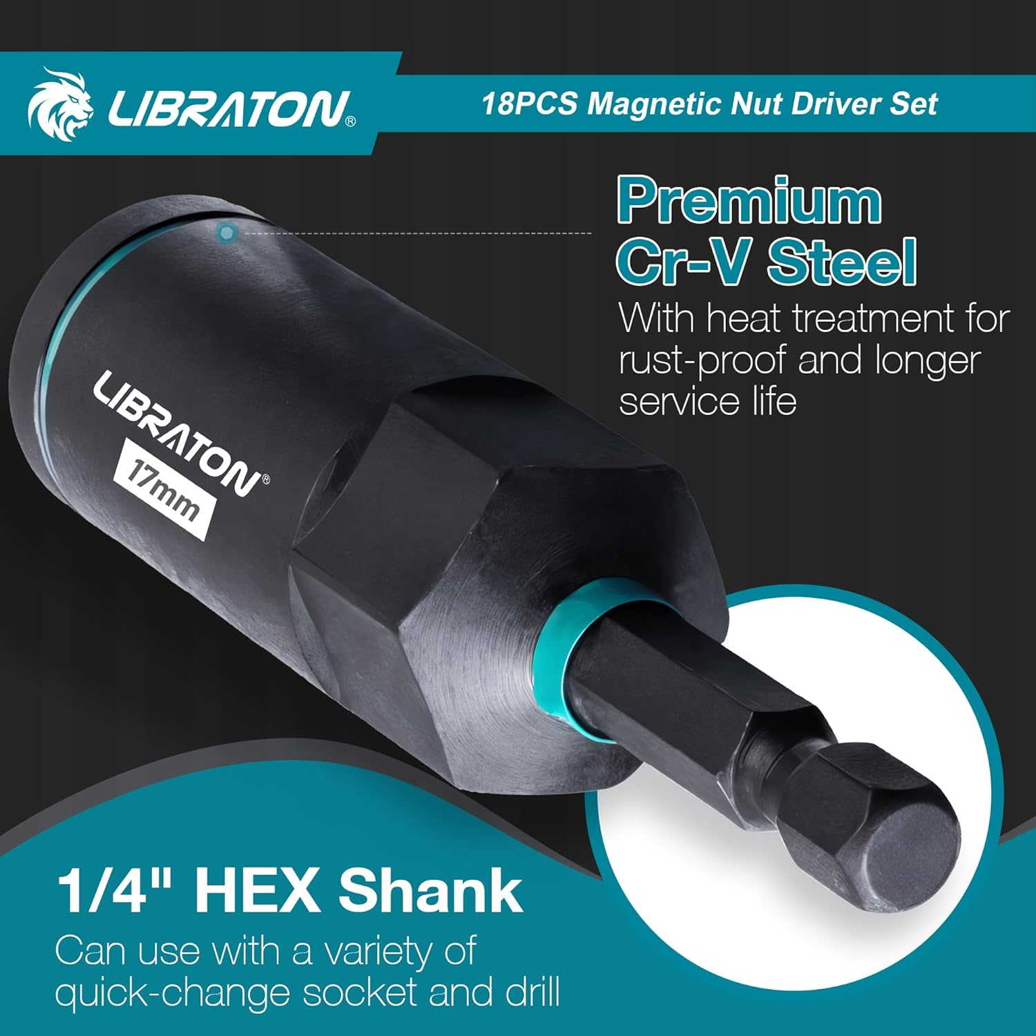 LIBRATON Magnetic Nut Driver Set, 18Pcs Impact Driver Bit Set, Deep Nut Drivers Set, Metric Nut Driver for Impact Drill, 5-14 MM Nut Drivers and 6-17 MM Nut Deep Drivers, Bit Holder, for Car Repairs image number 1