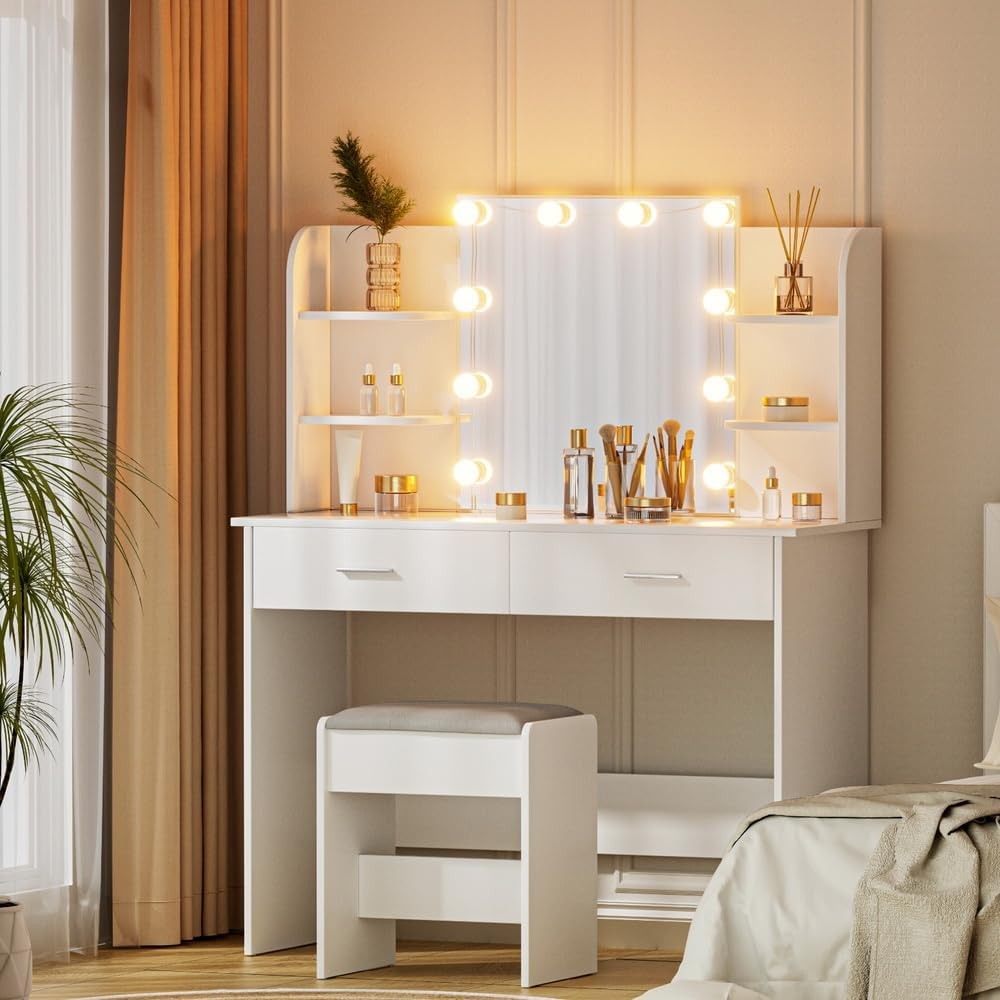 Artiss Dressing Table, Dressing Table with Mirror Lights 10 Bulbs LED Mirror Makeup Stool Set Wooden Vanity Desk Chair, Home Bedroom Furniture Girls Women Organisers, Drawers Shelves Tabletop White image number 2