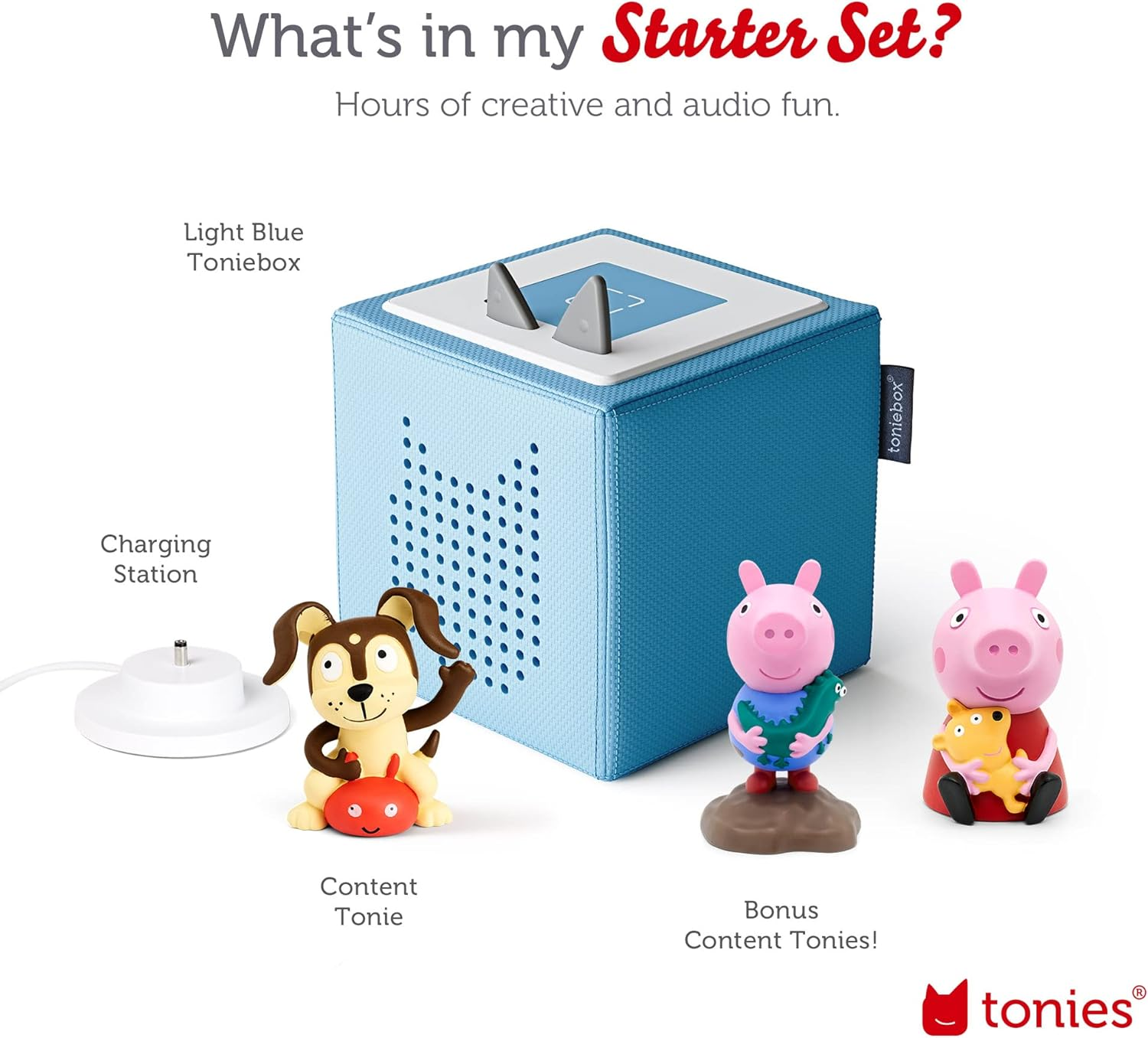 Toniebox Audio Player Starter Set with Peppa Pig, George, and Playtime Puppy - Listen, Learn, and Play with One Huggable Little Box - Light Blue image number 1