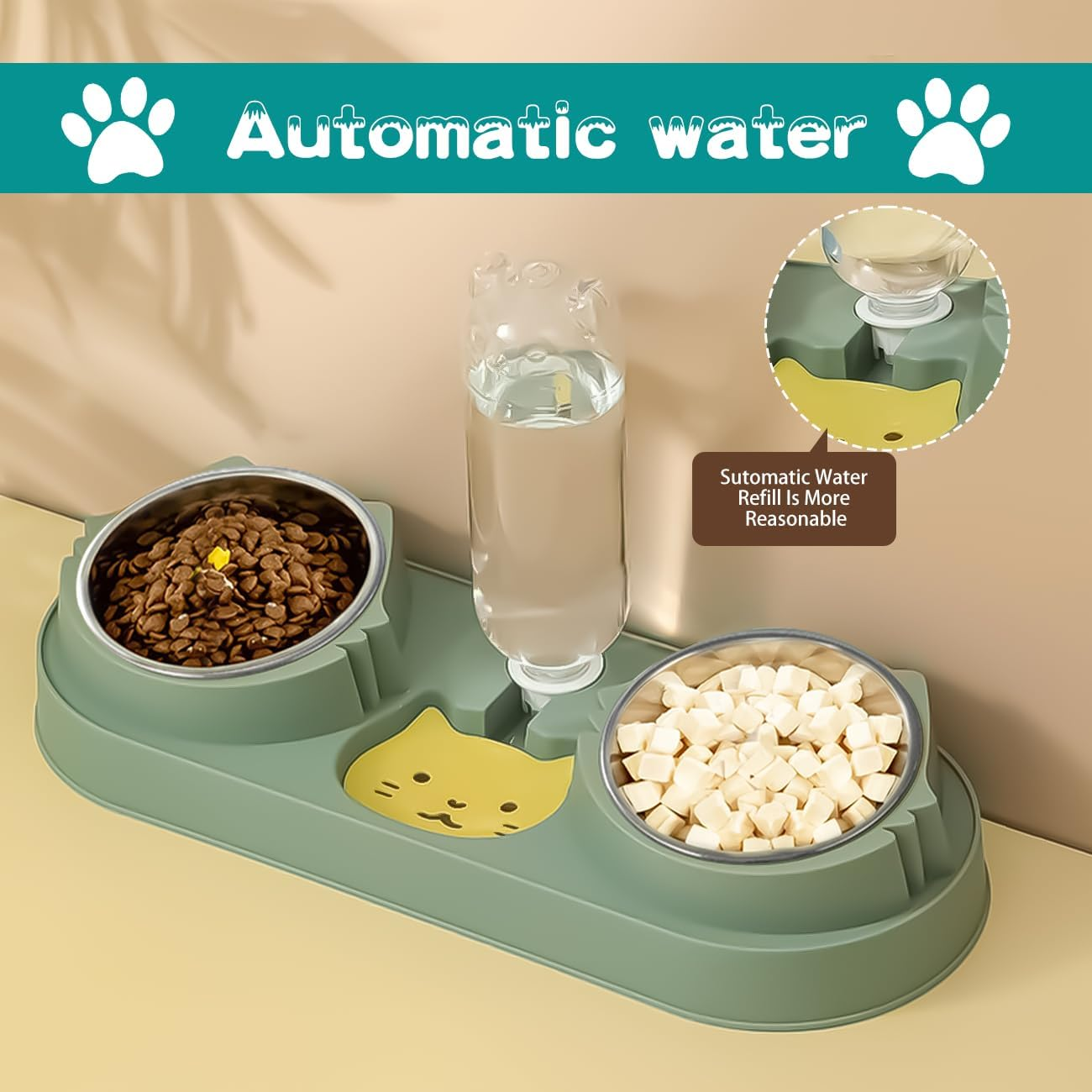 Cat Bowl,Raised Dog Bowls,Water and Food Bowl Set,3 in 1 Pet Feeder and Waterer,15&deg; Tilted anti Vomiting Elevated Cat Dish,Pet Feeding Bowl with Automatic Waterer Bottle for Kitten Puppy Dogs (Green) image number 3