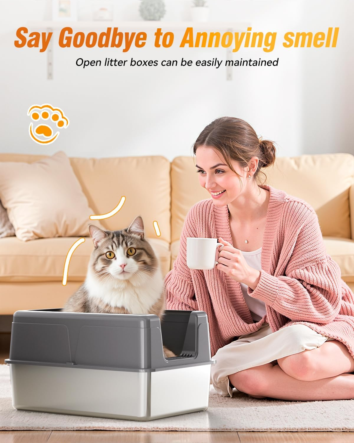 LOVELEDI Cat Litter Box - Stainless Steel Cat Litter Box, Extra Large Cat Little Tray with Lid for Big Cats, XXL Kitty Litter Pan Boxes with High Sides Enclosed, Non-Sticky, 61L X 40.6W X 30.5H CM image number 5
