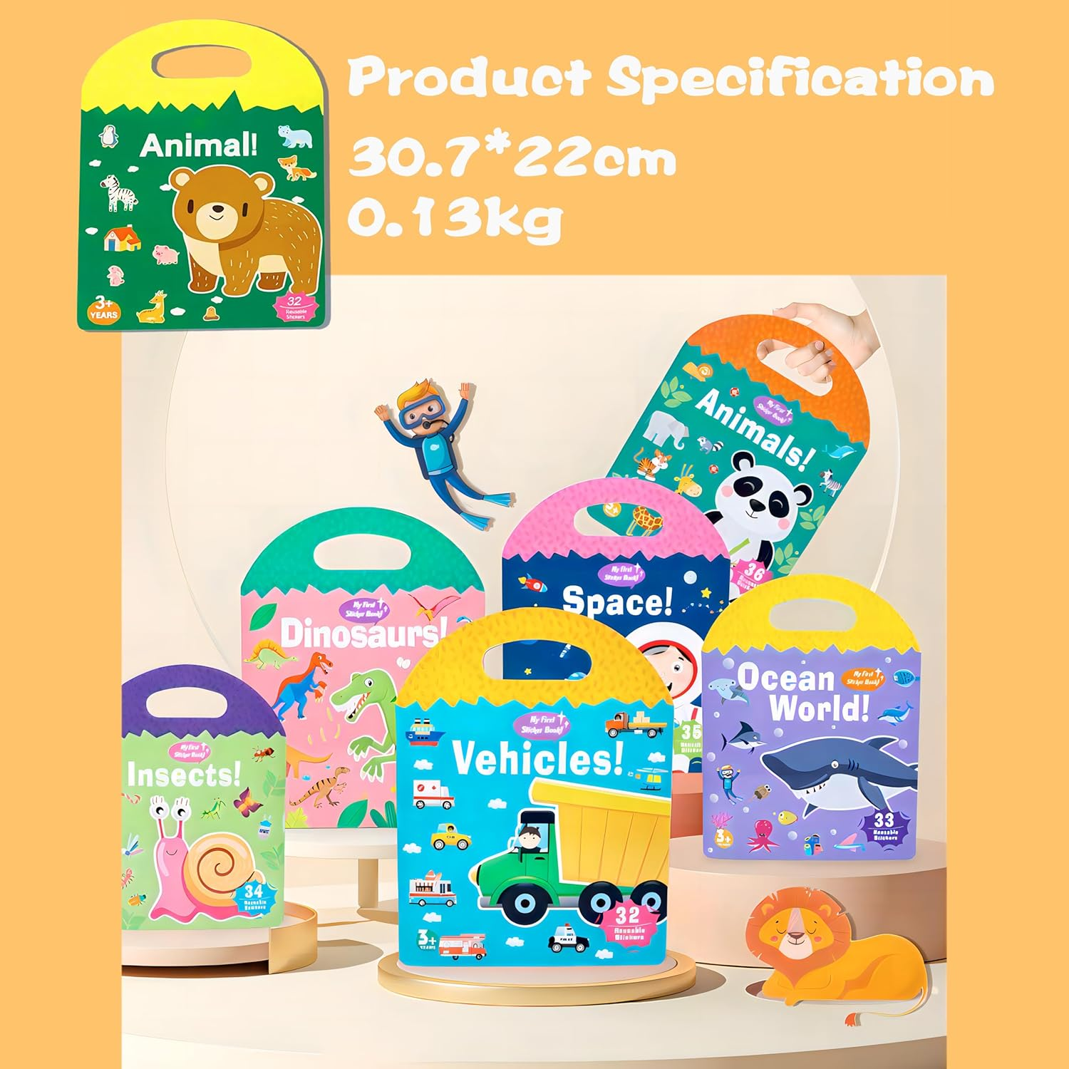 4 Pack Reusable Puffy Sticker Book for Kids 2-4, Reusable Stickers Books for Toddlers 1-3 Boys Girls, 4 Themes Animal Vechicles Dinosaurs Ocean Education Learning Toys for Christmas Birthday Gift