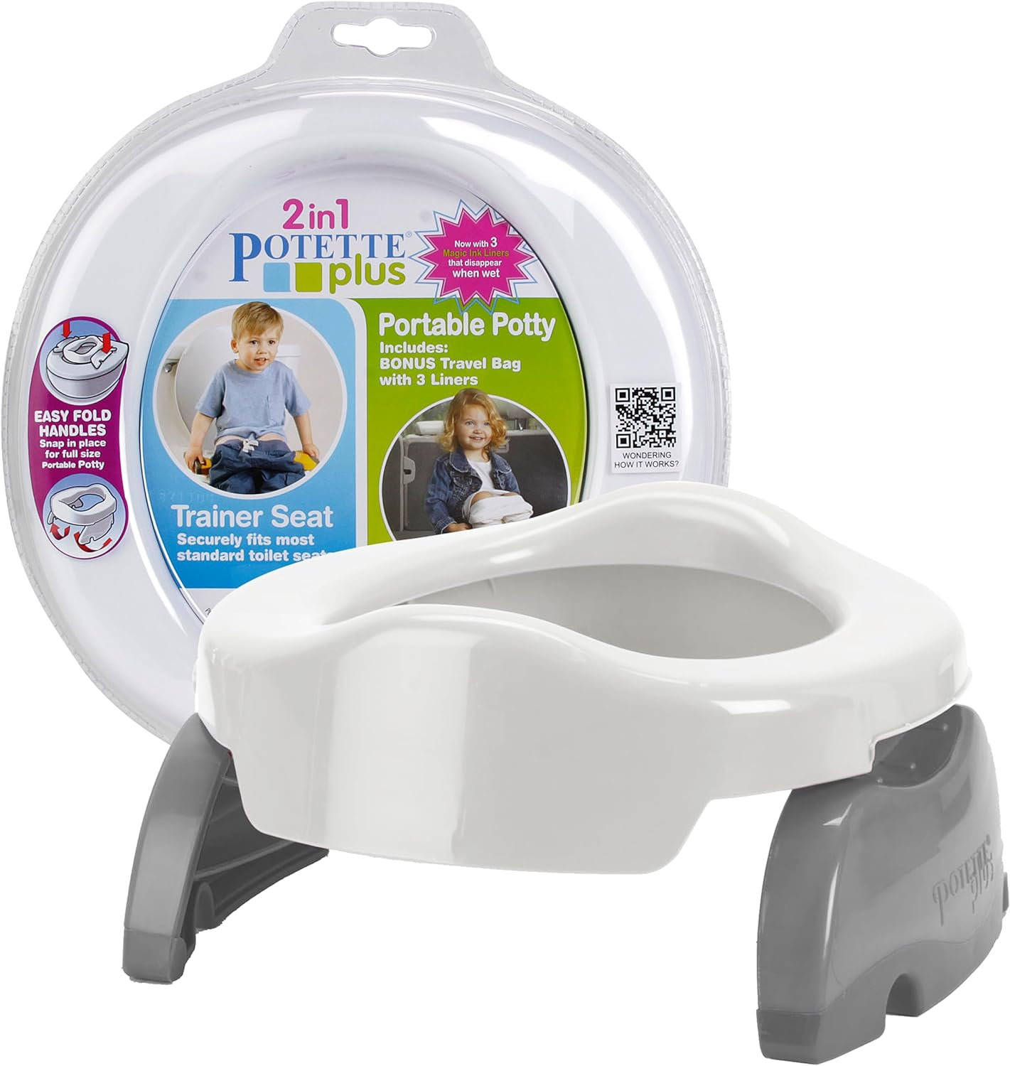 Kalencom Potette plus 2-In-1 Travel Potty and Trainer Seat - Dual-Purpose Potty Training Toilet Seat - Portable Potty for Toddler Travel - with Durable, Lock-In Legs and Splash Guard - White/Gray image number 6