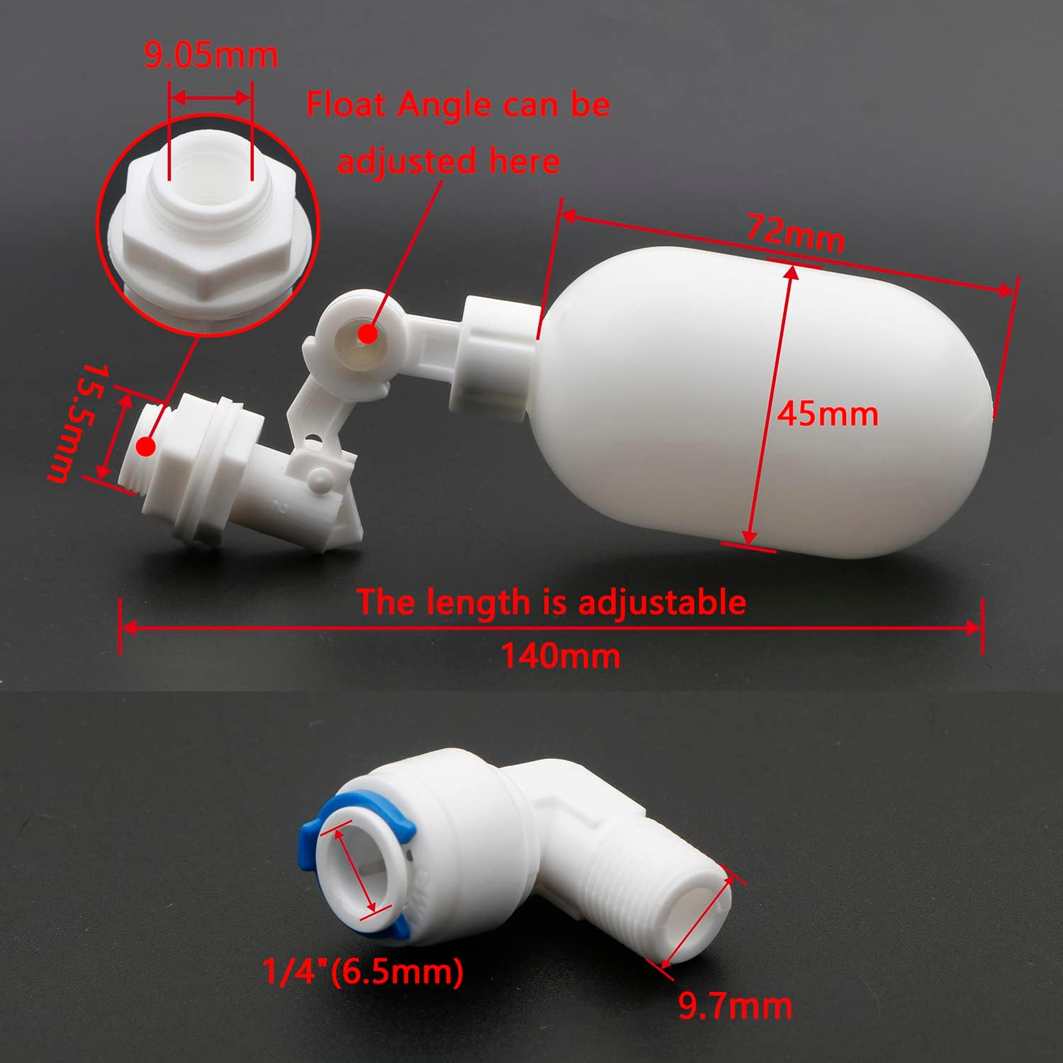 2Pcs Water Filter Float Ball Valve with 1/4" Quick Connect Push in to Connect Tube Fittings, Adjustable Plastic Float Valve for Aquarium Water Purifiers Reverse Osmosis System image number 1