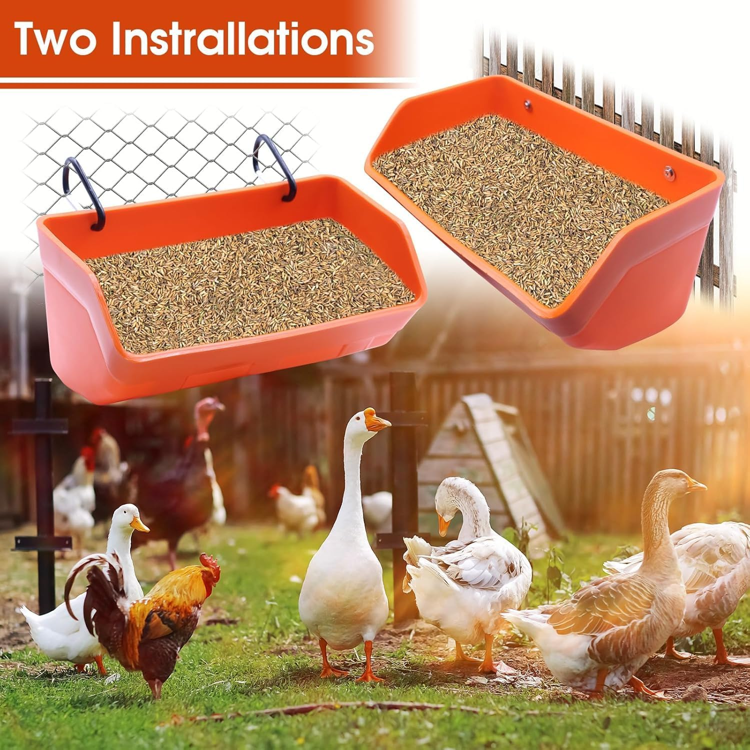 Fence Hanging Chicken Feeder - 2 Pack Feed Trough with Clips for Goat Duck Sheeple Horse Goose, Pig Poultry, Chicken Feeder Bucket Feeding Container (Orange) image number 2