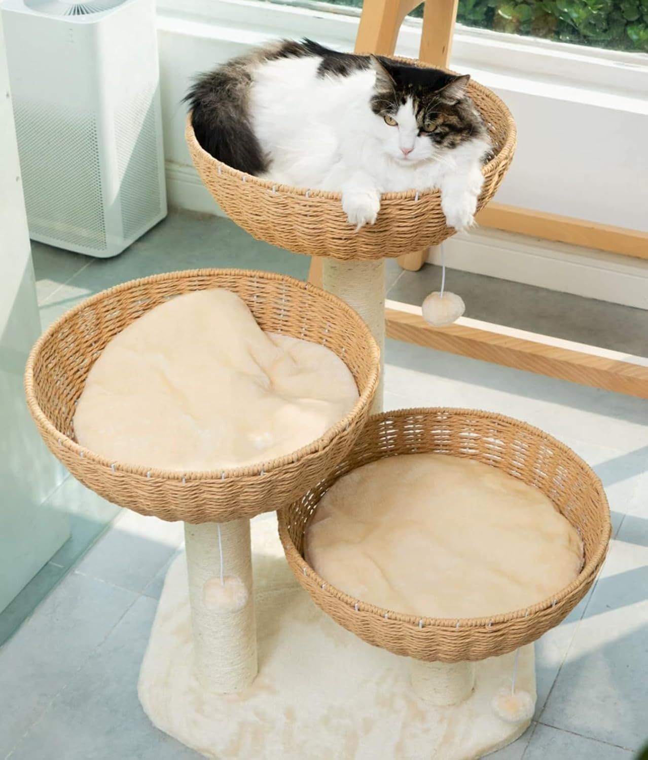 SHENGOCASE Cat Tree Tower with Rattan Wicker Basket, 3 Handwoven Large Nest Baskets Bed, Window Perch for Large Cats up to 20LBS image number 4