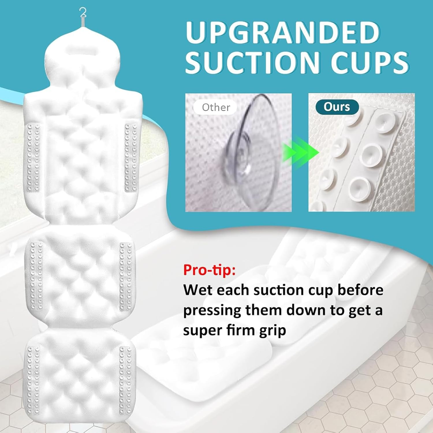 Bath Pillows for Bathtub Full Body, Ultra-Thick Tub Cushion for Butt, Luxury Bathroom Accessories Spa Pillow with 168 Suction Cups for Head and Neck Support with Laundry Bag White image number 3