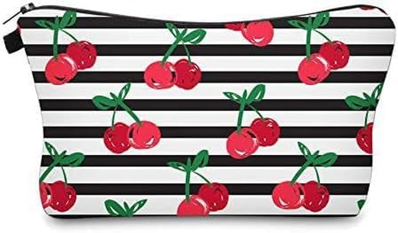 Travel Makeup Case Small, Cosmetic Zipper Bag Waterproof Small Pouch for Purse Mini, Women Cute Traveling Accessories Pouch for Ladies(Stripes Cherry) - Flowers image number 3