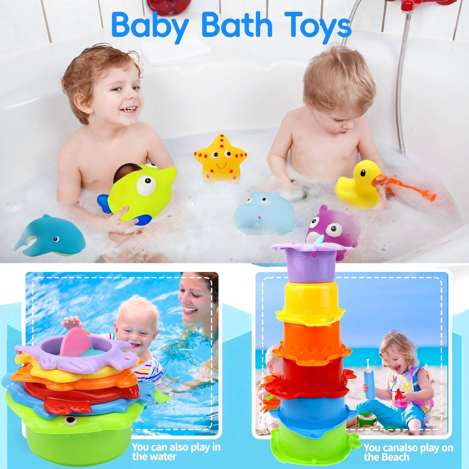 12Pcs Baby Bath Toys for Toddlers 1-3, Babies 6 9 12 18 Months Water Toys with Mold Free Stacking Cups, Kids Ocean Animal Bath Toys for Bathtub, Shower, Beach, Pool, Water Table, Infant Boy Girl Gifts image number 1