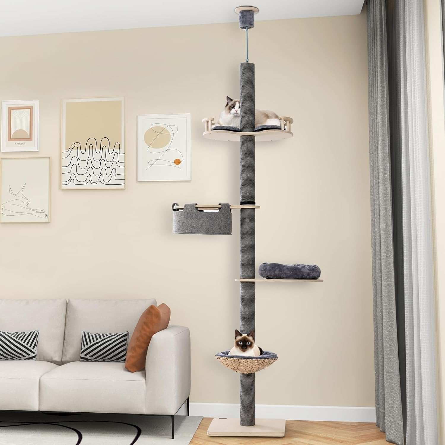 Floor to Ceiling Cat Tree, Tall Cat Tower W/Adjustable Height(236-271Cm) for Indoor Cats, 5 Tier Cat Climbing Activity Center W/Scratching Post, Springboard, Basket Bed, Hammock image number 6
