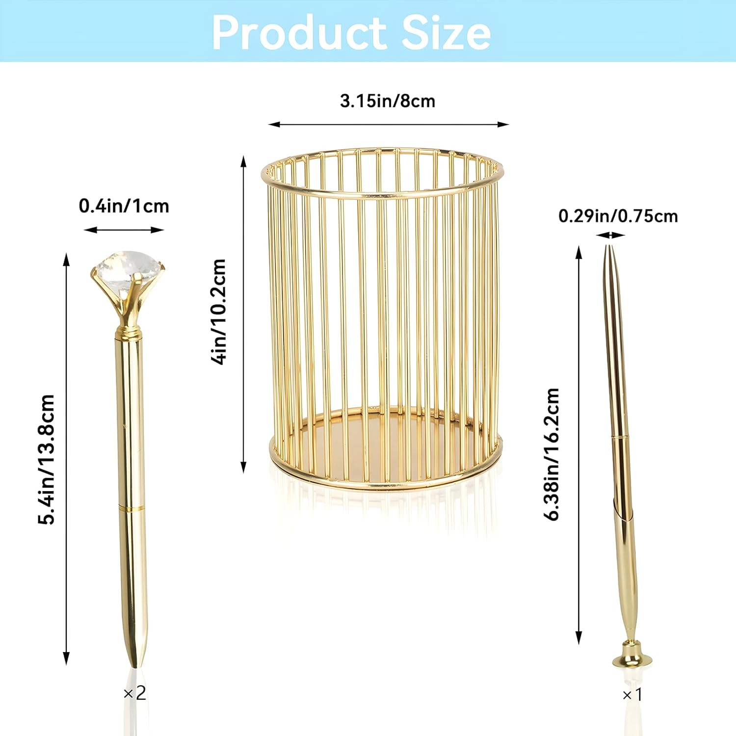 WATUNID Metal Pen Holder with 2 Pieces Diamond Pens and Gold Signing Pencil Stand Set, Makeup Brush Holder, Openwork round Art Table Accessories, Mesh Pen Pot Pen Holder for School, Office, Home image number 1