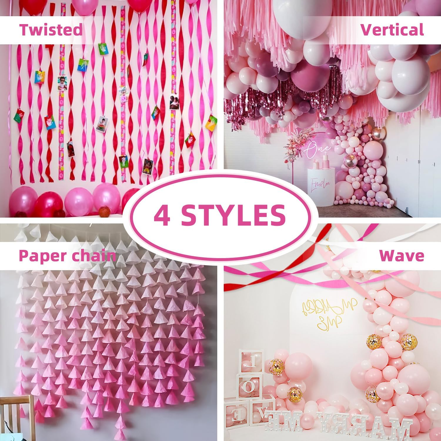 PIGETALE Crepe Paper Streamers 4 Rolls 328Ft, Pack of Pink Peach and White Crepe Paper Party Streamers for Birthday Baby Shower Wedding Graduation Party Decorations (1.8Inch X 82Ft/Roll) - 4Crepepaperstreamers-Greenwhite image number 7