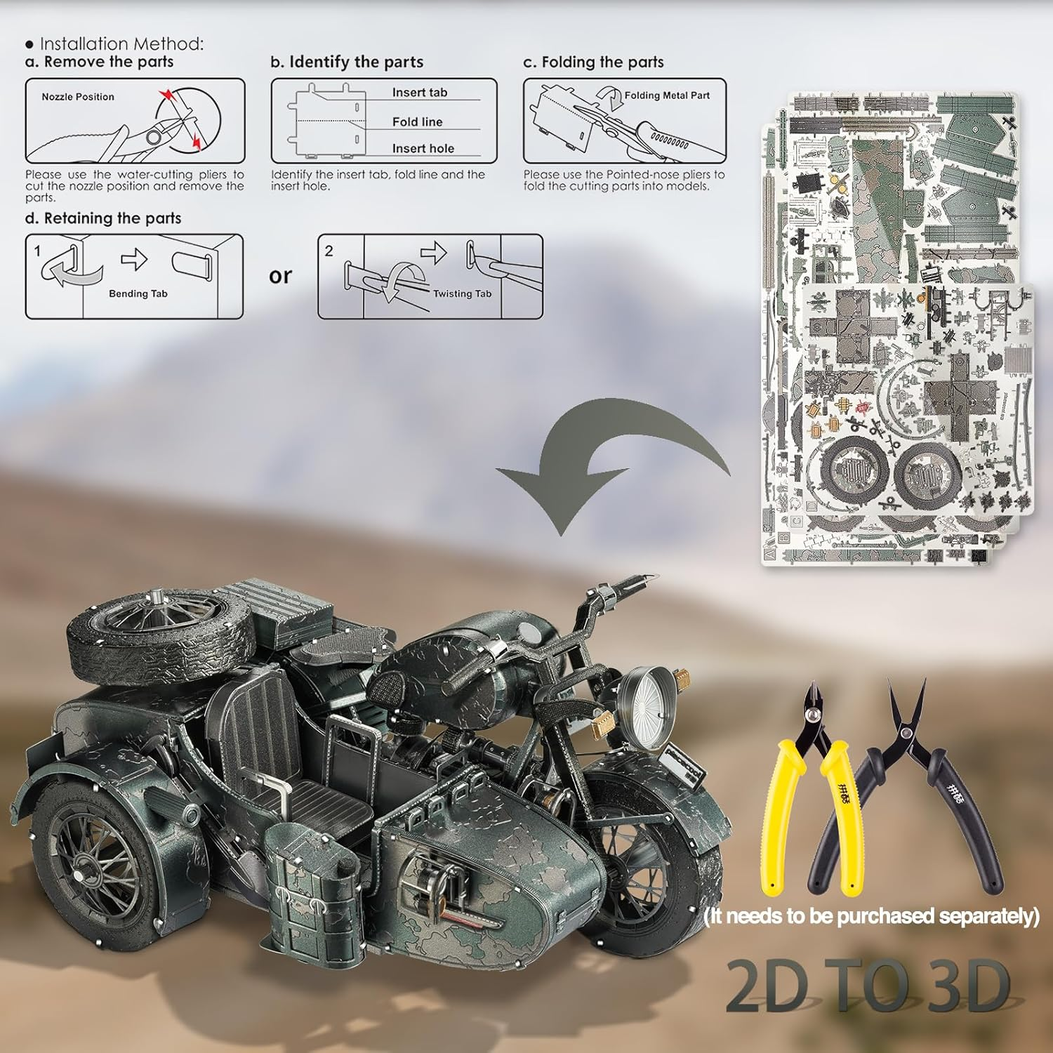 Piececool 3D Puzzles for Adults, Motorcycle with Sidecar Metal Model Building Kits for Family Time, Side Car DIY Assembling Arts and Crafts Best Birthday Gifts, Dark Green image number 2