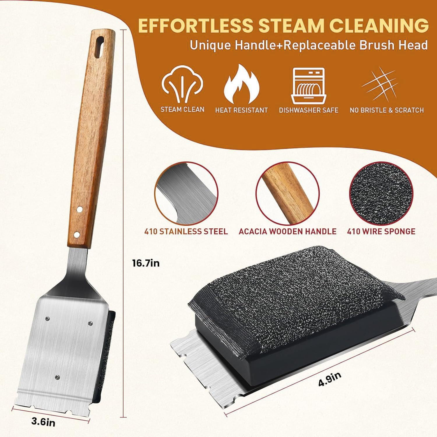 Grill Brush BBQ Cleaner Brush - Barbecue Brush for Outdoor Grill with 2 PCS Replacement Cleaning Head, Grill Cleaning Brush Bristle Free with Stainless Steel Scraper & Wooden Handle for Most Grate image number 3