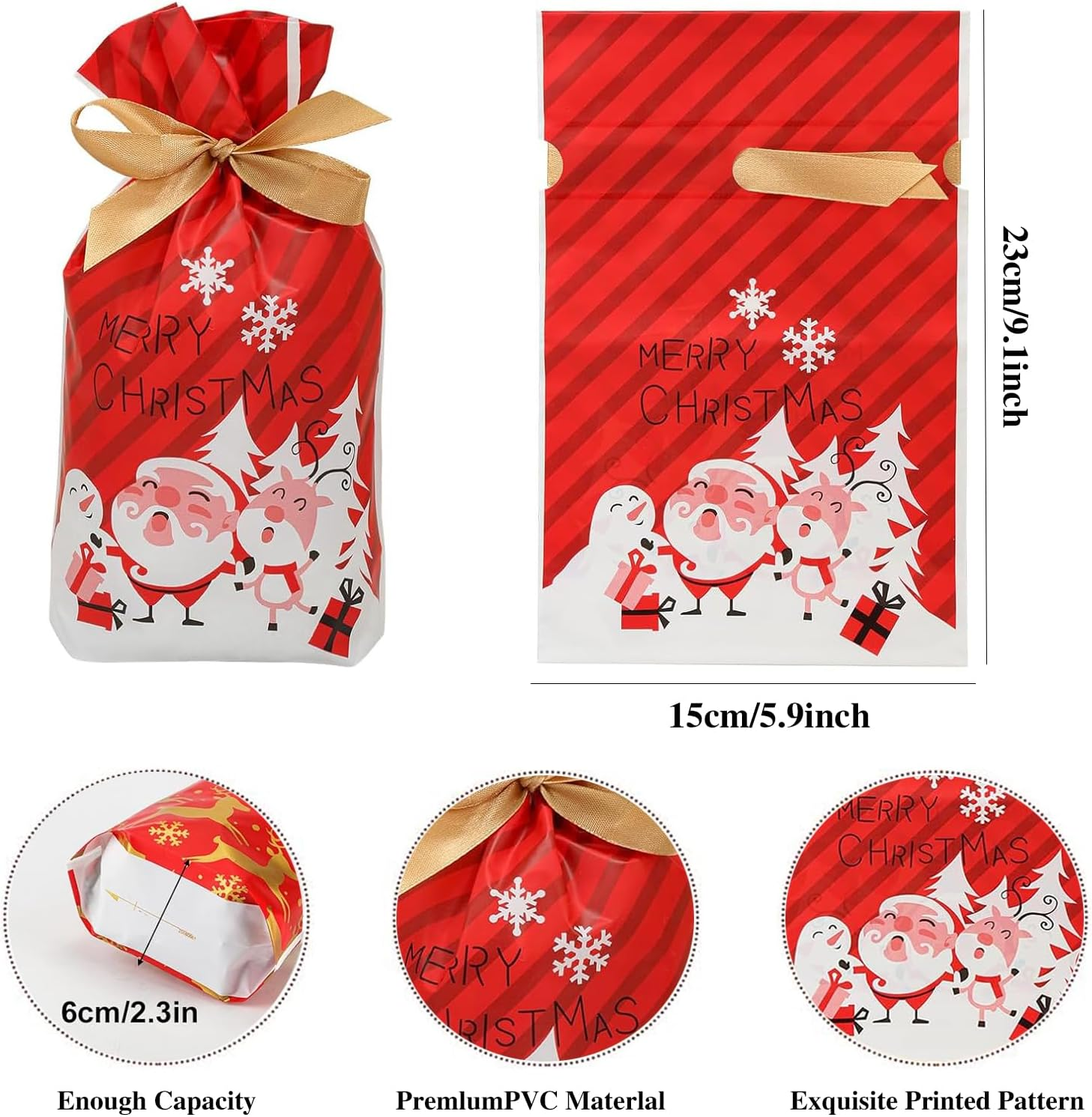YQQZQ 50 Pcs Christmas Treat Bags,6X9 Inch 5 Assorted Classical Christmas Theme Drawstring Holiday Goodie Bags for Party Favor, Stand up Xmas Candy Bag