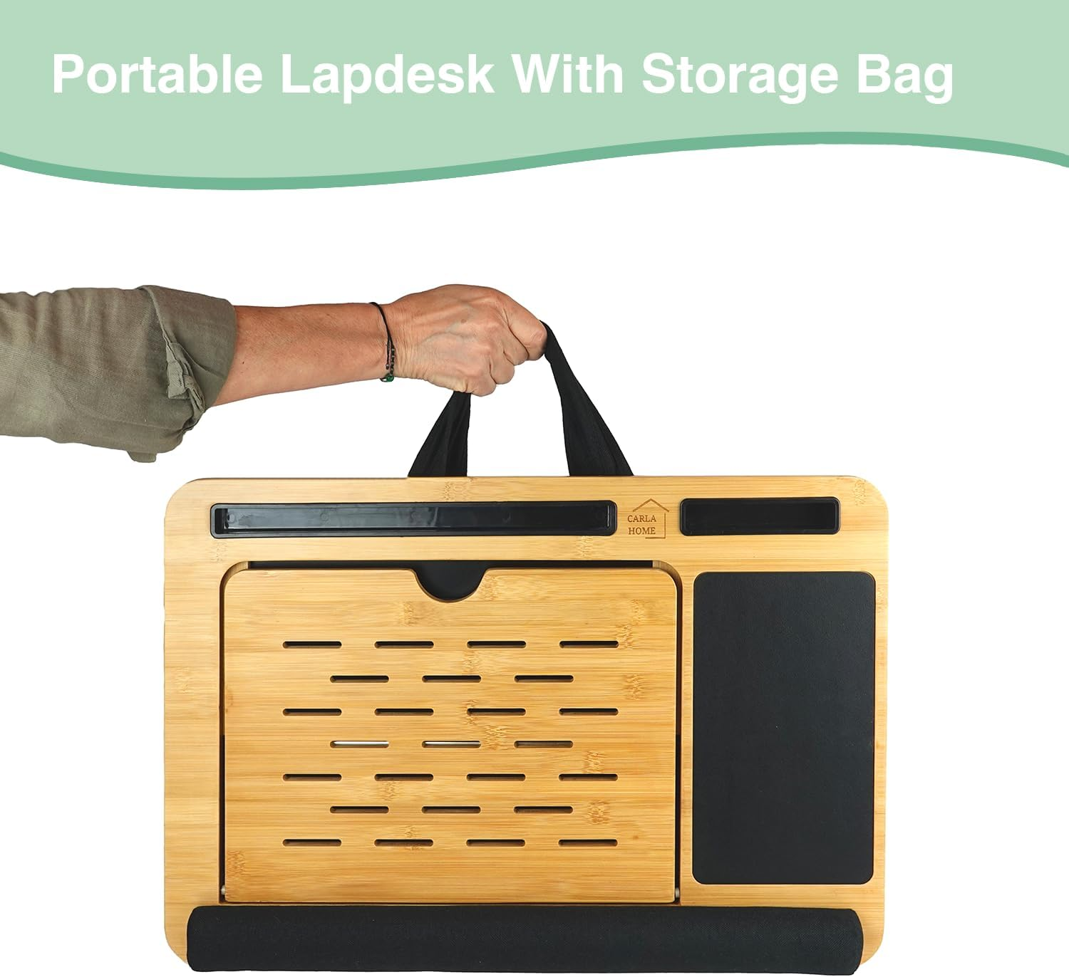 CARLA HOME Bamboo Laptop Lap Desk with Cushion, Angle Adjustable Laptop Computer Stand Bed Desk, Portable Lap Desk W/Handles, Tablet & Phone Holder, Mouse Pad & Shields Heat (Black) - Black image number 3