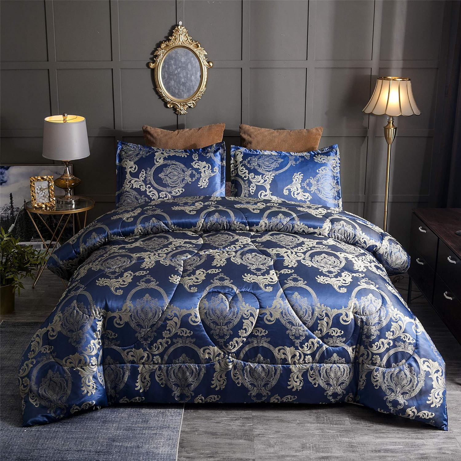 Raytrue-X King Comforter Set Silk Blanket All Season Bed Comforter King Set Royal Blue Jacquard Quilt Soft Microfiber Bedding Sets Matching 2 Pillow Shams(King, 104X90 Inches)