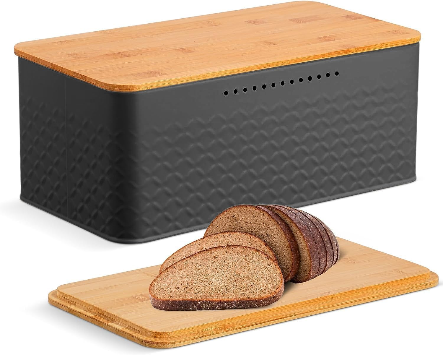 Bread Bin Box Container with Bamboo Lid, Black Bread Storage Box with Bamboo Chopping Board for Kitchen Countertop Storage Organiser (Black) image number 6