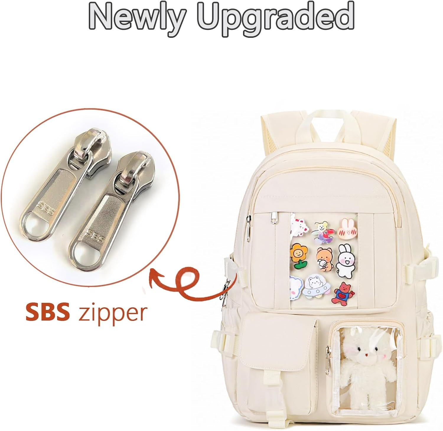 PRLINJSK Kawaii Backpack for Teen Girls, Cute Aesthetic High Middle School College Bookbag with Accessories - Black White image number 2