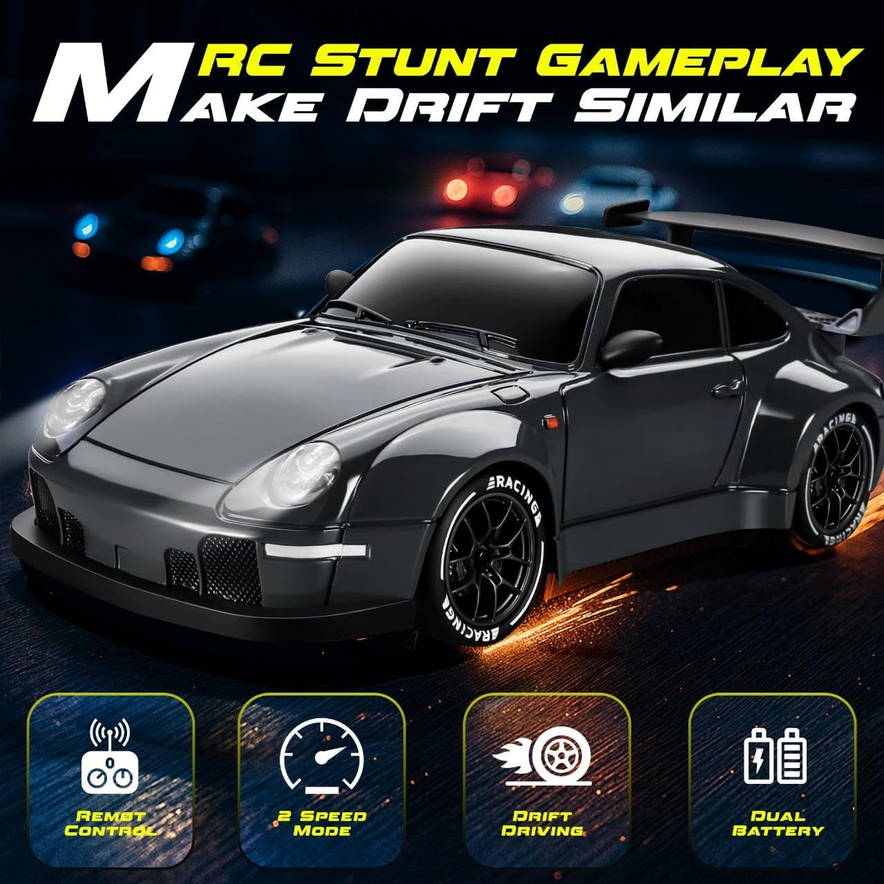 Yakts Premium RC Drift Car, 1:24 Remote Control Car with LED Lights, 20KM/H 4WD High Speed RC Car, Two Batteries, Extra Drifting Tires, Enjoyment Vehicle for Adults Boys Girls and Kids image number 6