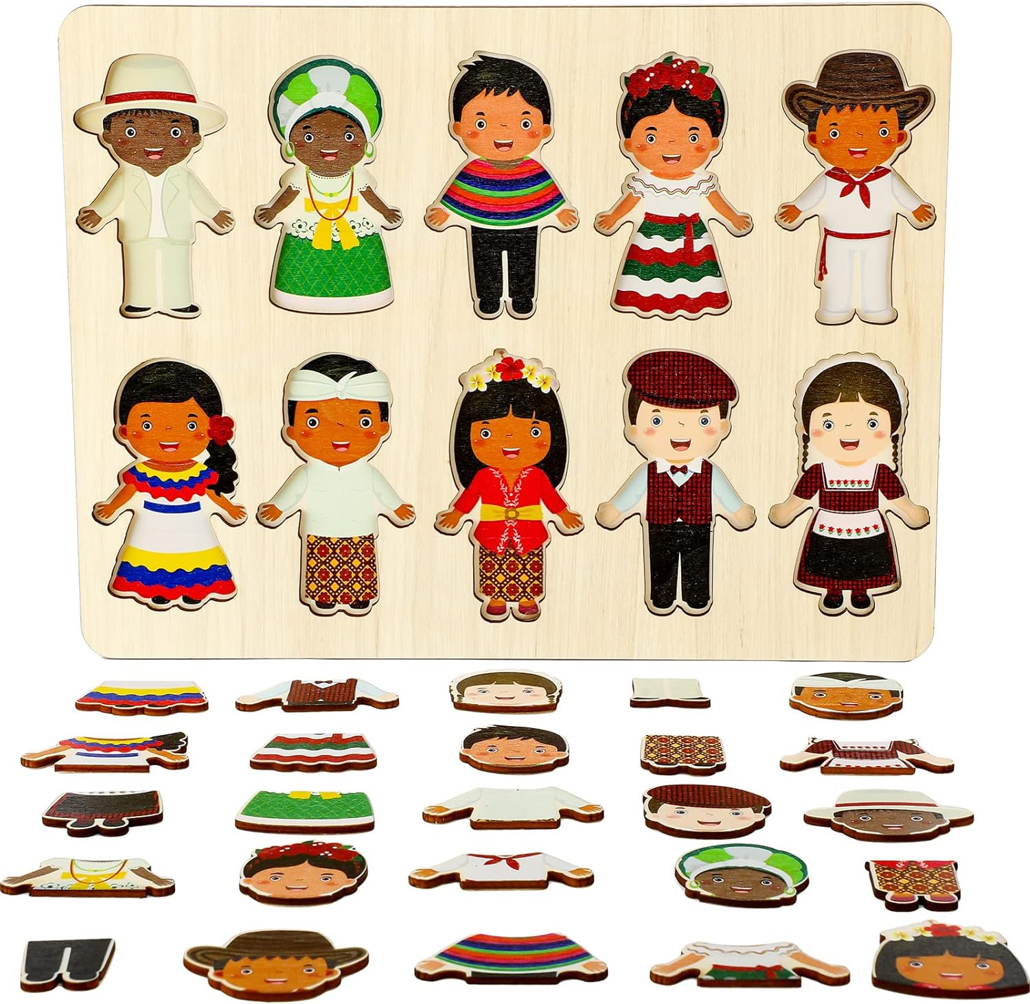 Wooden Puzzles for Toddlers 1-3 Interchangeable Dress up Diversity Peg Puzzle Educational Multicultural World Racial Cognition Toddler Puzzle Learning Mix Match Preschool Puzzle for Kids Boys Girls image number 3