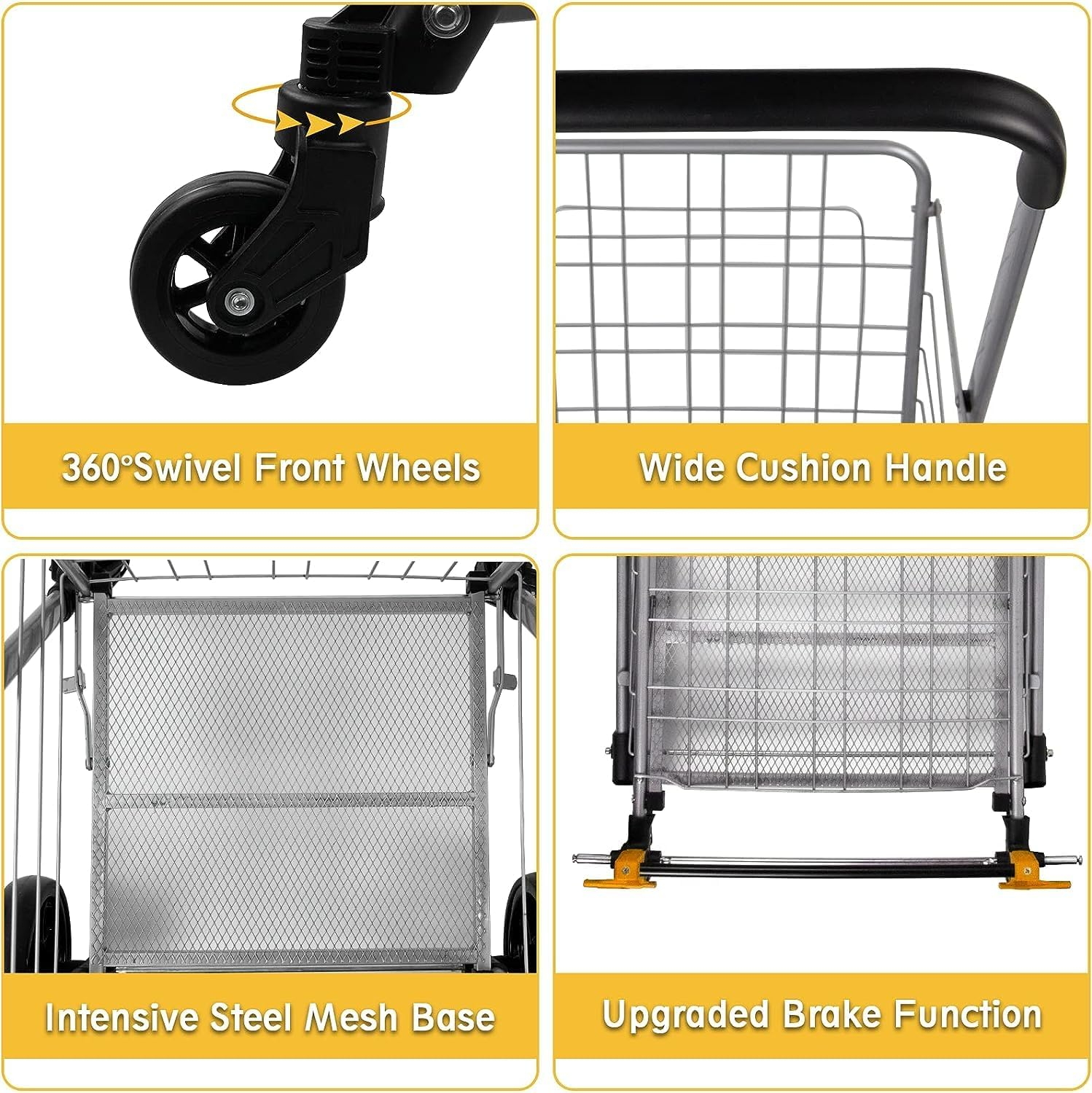 Shopping Cart on Wheels, Folding Utility Shopping Trolley with Wide Cushion Handle, Mesh Bottom,And Brake System (Sliver Colour Medium Size) image number 1