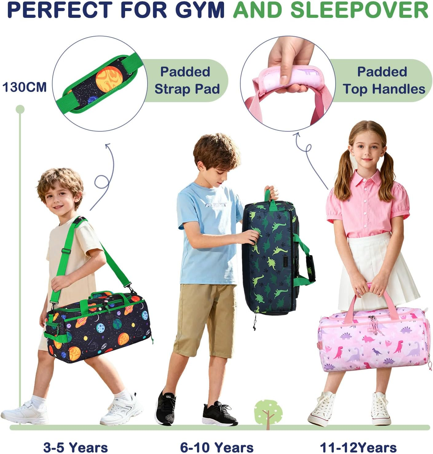 Kids Duffle Bag,Vaschy Travel Bag for Toddler Children Boys Water Resistant Overnight Duffel Ballet Dance Sport Carry on Weekender Bag with Shoes Compartment Dry Wet Pocket Green Space image number 3