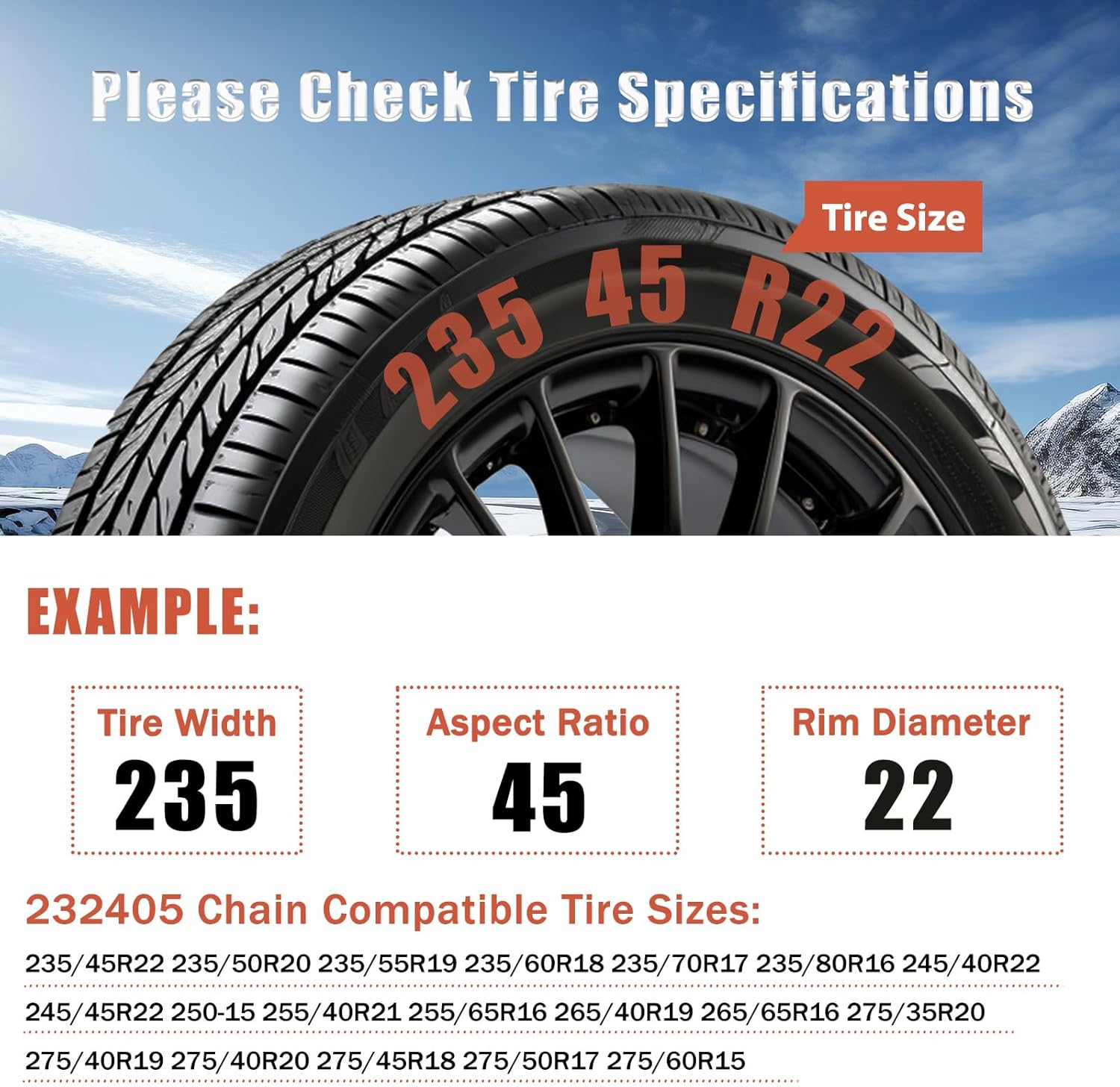 232405 Adjustable Snow Tire Chains for Light Truck, SUV, Cars, Pickups, 2 Pack Anti-Slip Snow Chains for Pickup Trucks Winter Tire Chains 235/45R22 245/40R22 255/40R2 265/40R19 275/35R20 275/60R15 image number 6