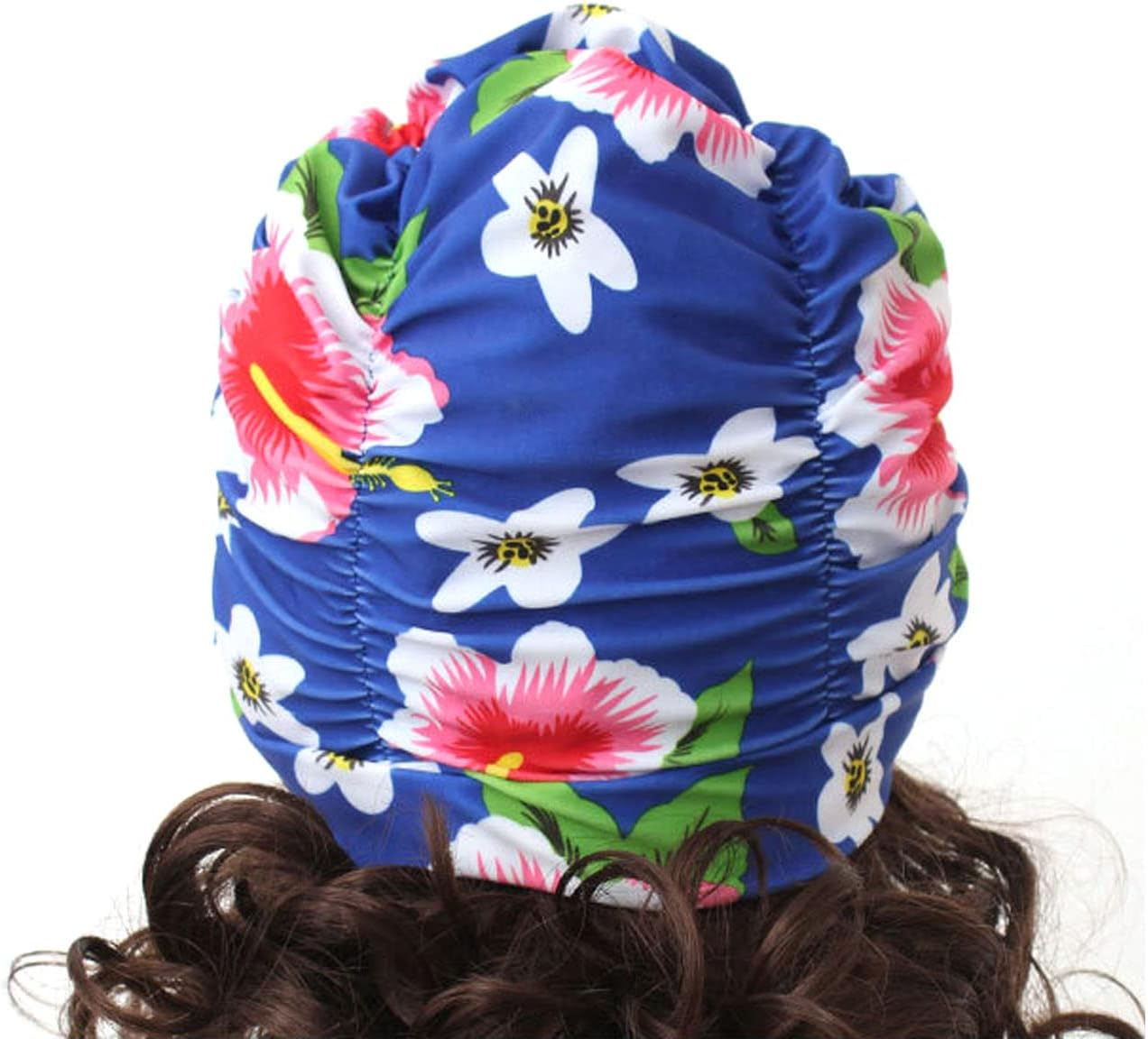 3PCS Floral Printed Summer Swimming Cap Long Hair Swim Hat Pleated Style Swim Cap for Women Grils Beach Surfing - A+B+E image number 3