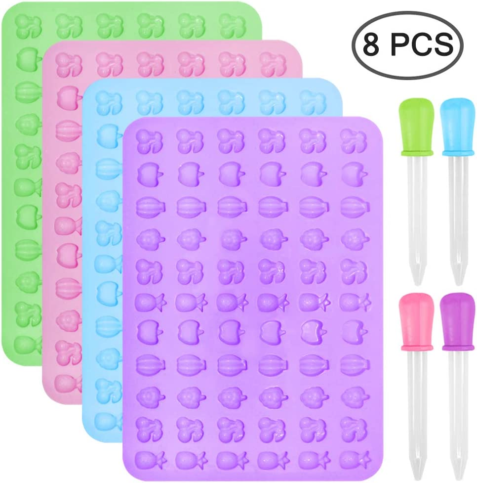 Silicone Candy Molds，Afunta 4 Pcs 66-Cavity Non-Stick Mini Fruit Silicone Gummy Mold with 4 Pcs Dropper for DIY Gummy, Ice, Jelly, Chocolate, Candy - Green,Blue,Pink,Purple image number 5