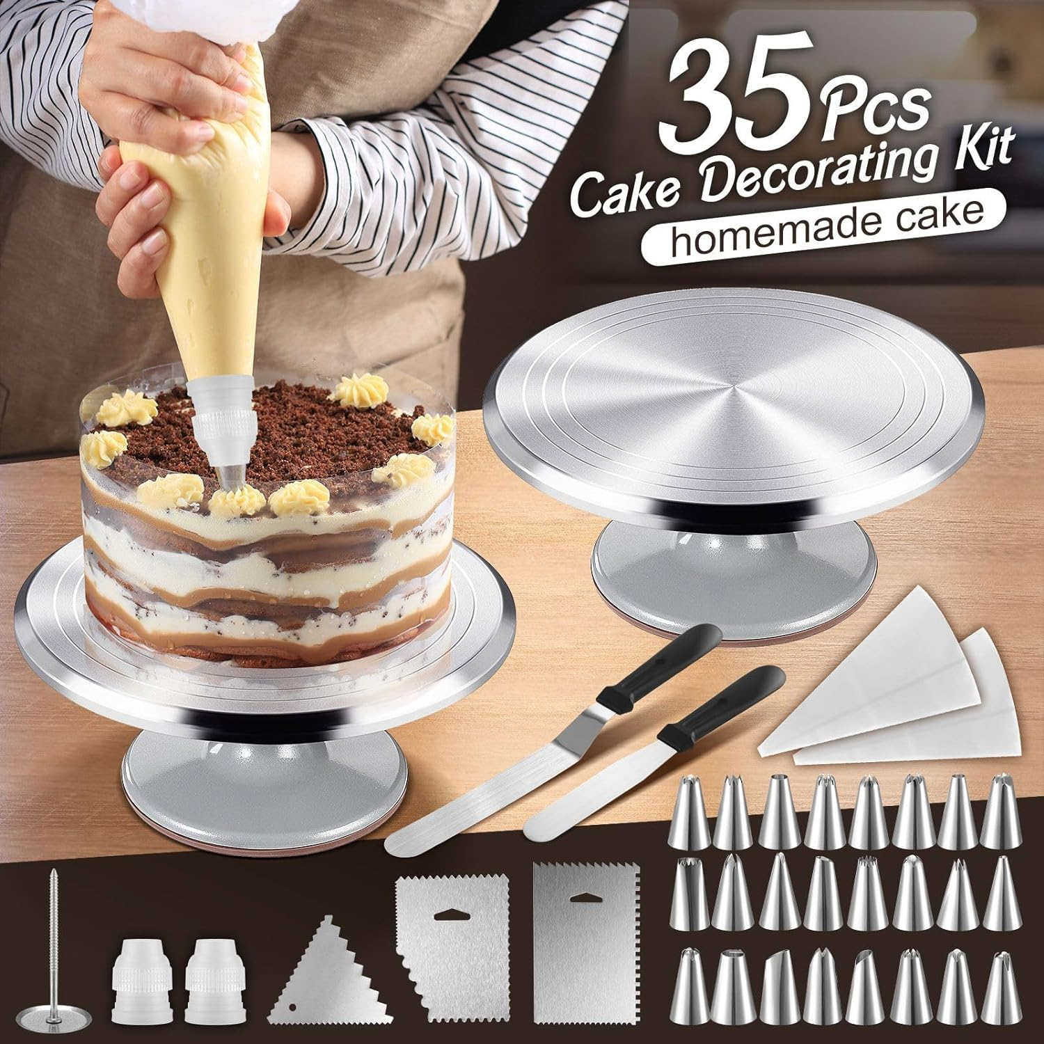 Maxkon Aluminium Alloy Revolving Cake Stand 30Cm Cake Turntable 35Pcs Decorating Supplies Kit Rotating Stand Baking Tools Aluminium Piping Tip Icing Spatula Pastry Bag Flower Nail image number 5