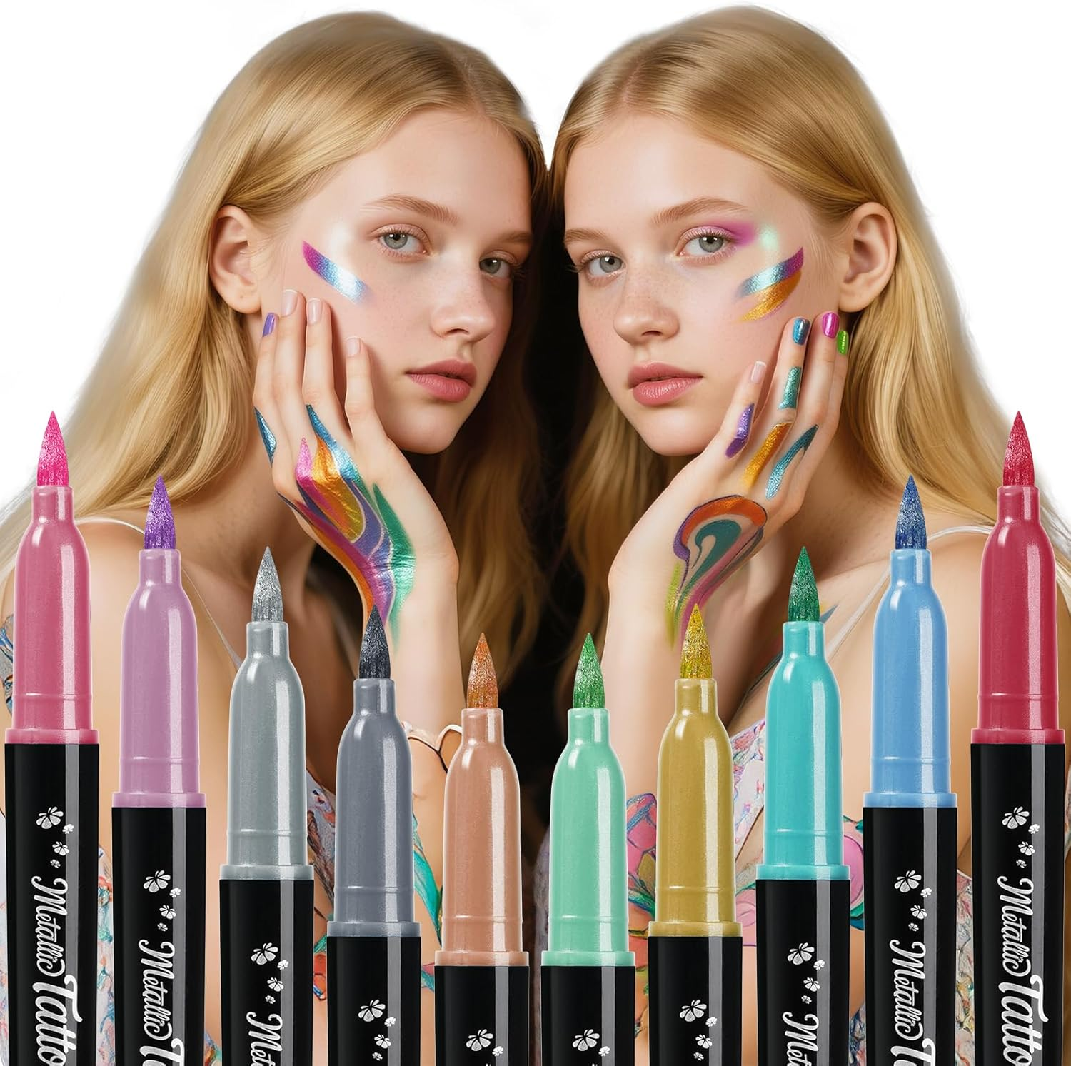 Theast 10 Colors Face Painting Markers, Metallic Glitter Body Paint Pens, Skin Safe Washable Temporary Tattoo Makeup Kits - Ideal for Party, Halloween, Cosplay image number 5