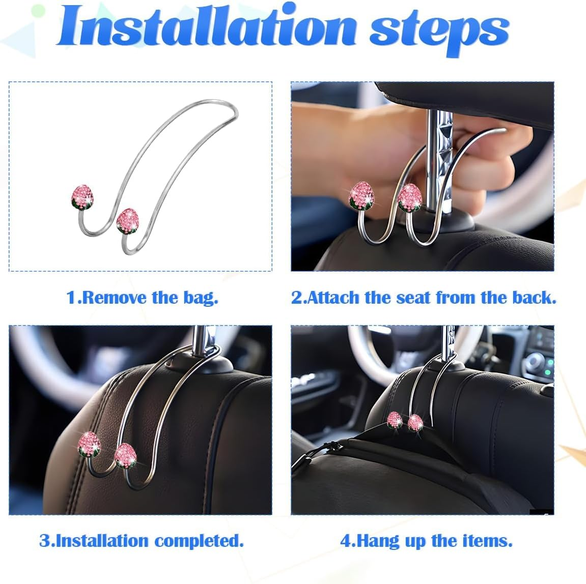 Strawberry Car Decor Hooks, 2 Pack Bling Diamond Seat Back Organizers, Auto Headrest Storage Hangers Hooks for Purse Handbag Clothes Grocery, Universal Car Accessories for Women (Red)
