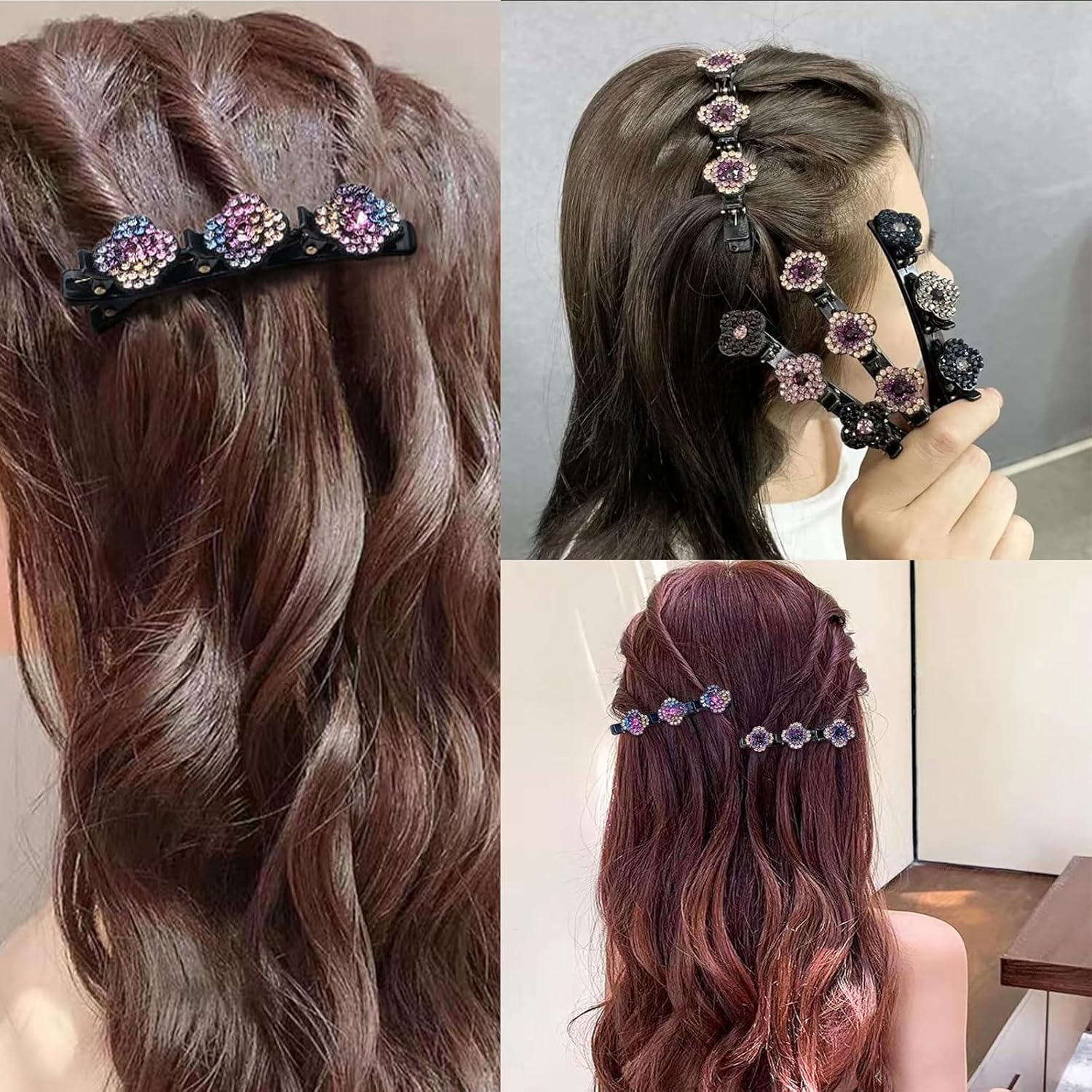 Pack of 4 Double Layer Hair Clips, Braided Hair Clips, Hair Clips with Sparkling Crystal Stones, Elegant Hair Styling Clips, Rhinestone Hair Clip, Double Layer Hair Clips for Women and Girls image number 6