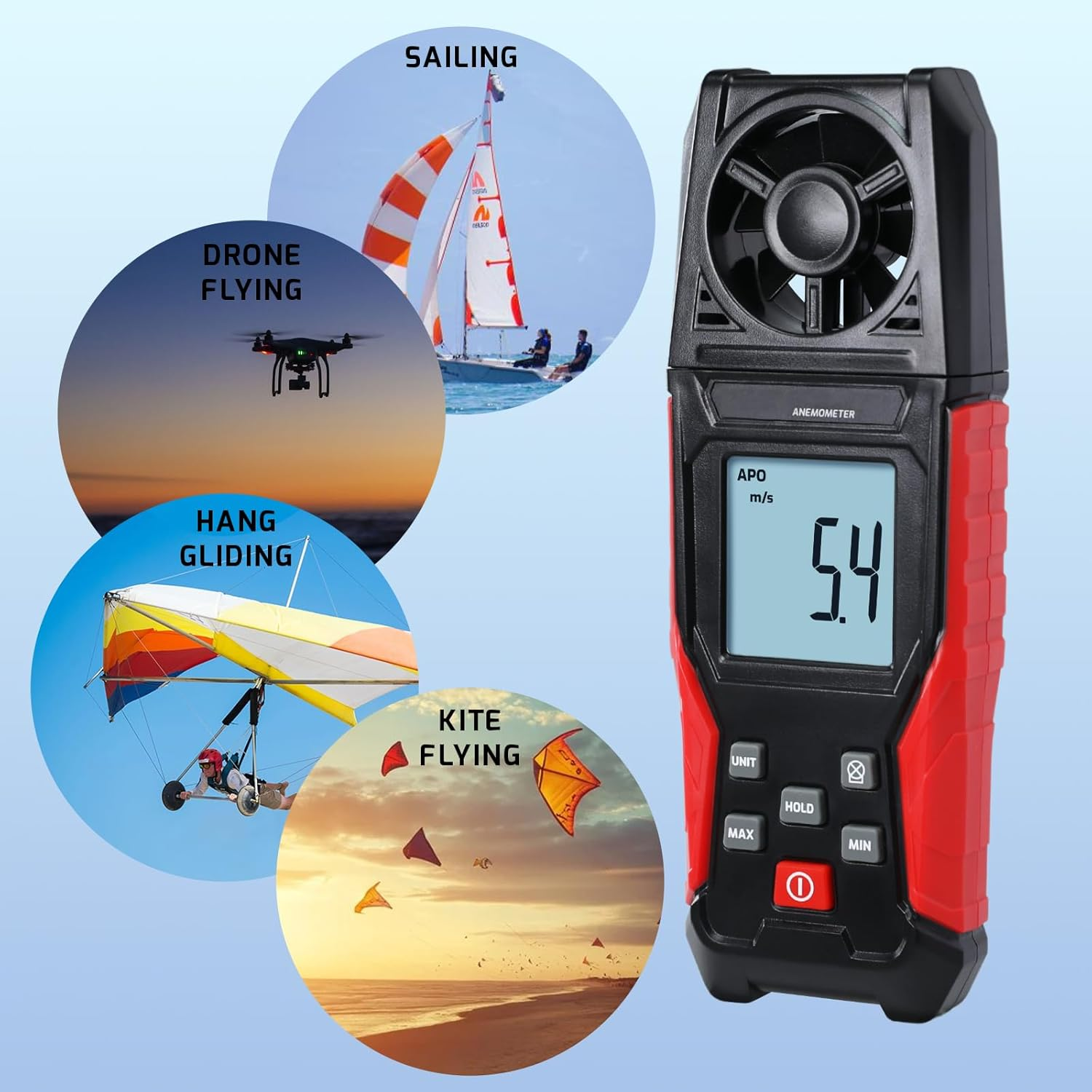 Digital Anemometer Wind Speed Meter (0.3-30 M/S) Air Velocity & Temperature Measurement M/S | Km/H | Ft/M | Mile/H | Knots with Backlight Display, Data Hold, Max/Min Functions