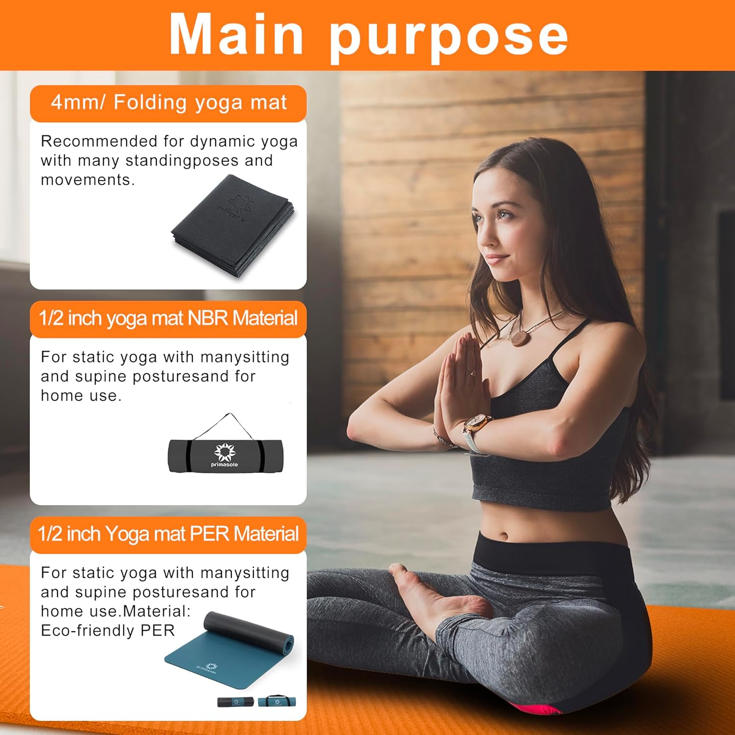 Primasole 1/2 Thick Exercise Mat with Carry Strap & Case Mat for Yoga Pilates Fitness at Home and Gym 72" L X 24" W image number 2